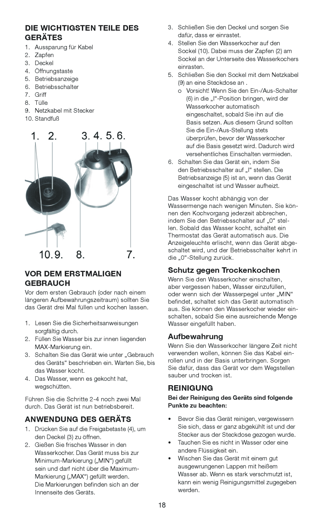 Melissa 645-103 manual Die Wichtigsten Teile Des Gerätes, Vor Dem Erstmaligen Gebrauch, Anwendung Des Geräts, Aufbewahrung 