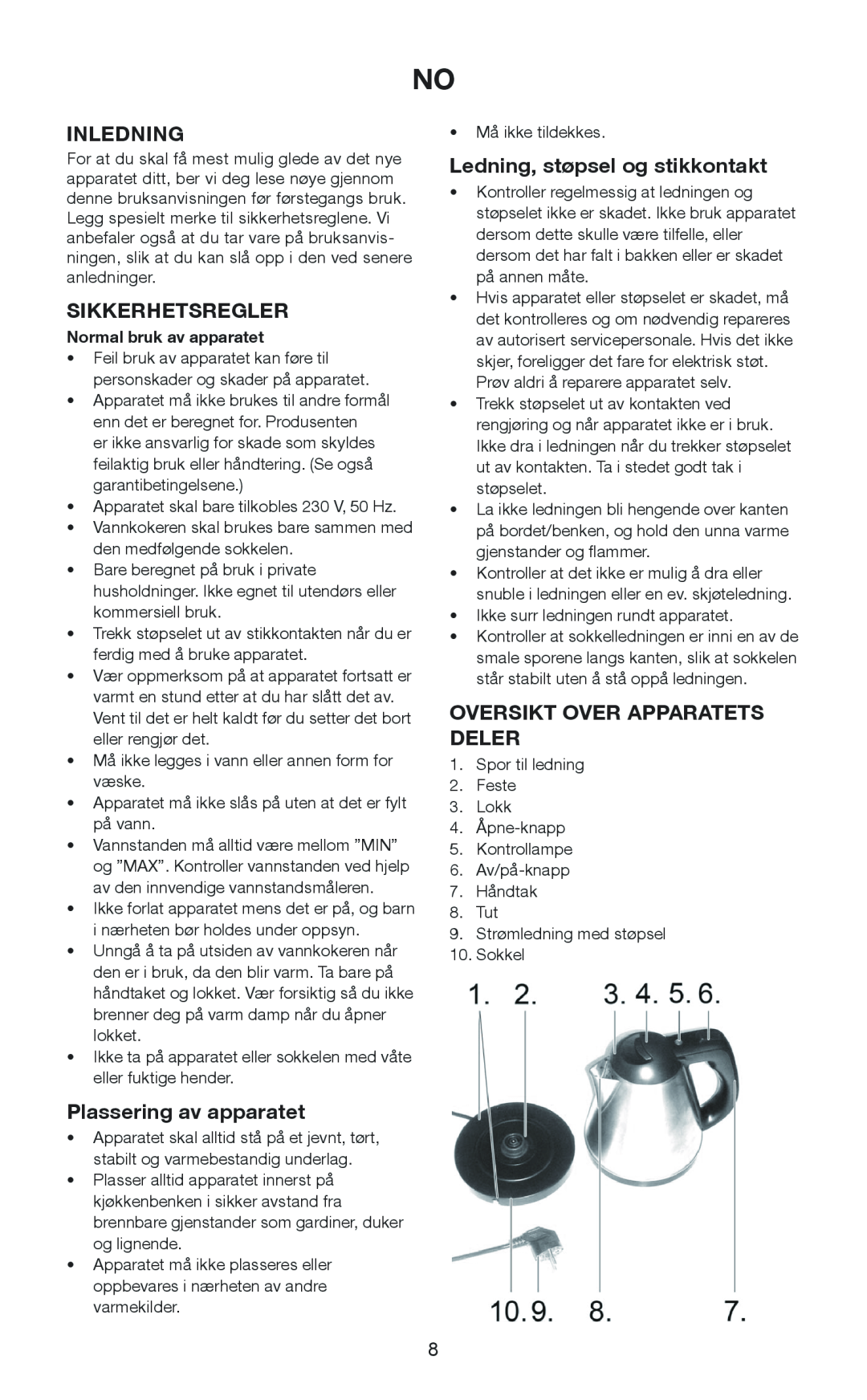 Melissa 645-103 manual Inledning, Sikkerhetsregler, Plassering av apparatet, Ledning, støpsel og stikkontakt 