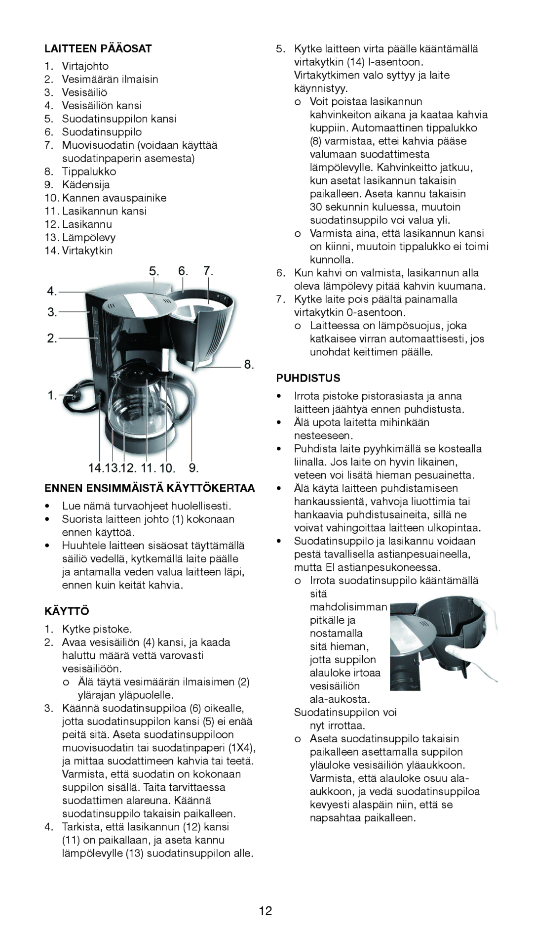 Melissa 645-104 manual Laitteen Pääosat, Ennen Ensimmäistä Käyttökertaa, Puhdistus 