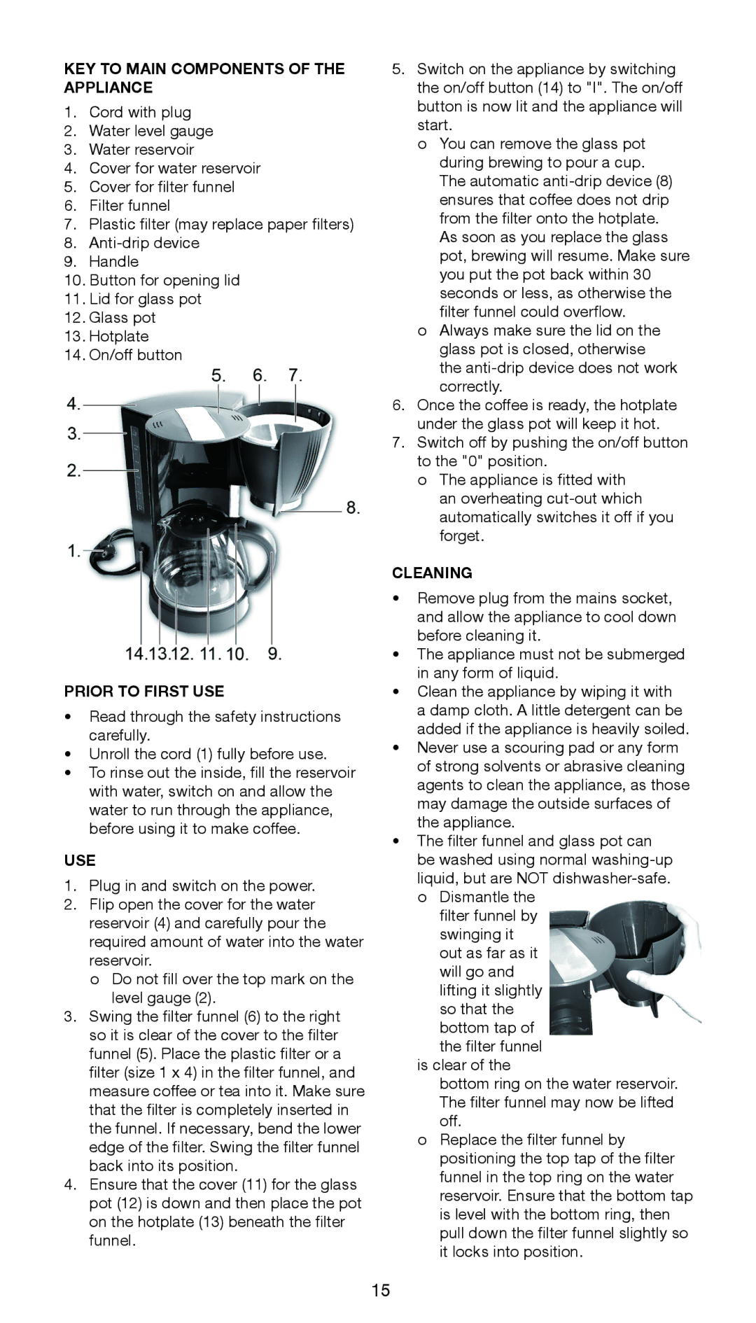 Melissa 645-104 manual KEY to Main Components of the Appliance, Prior to First USE, Use, Cleaning 