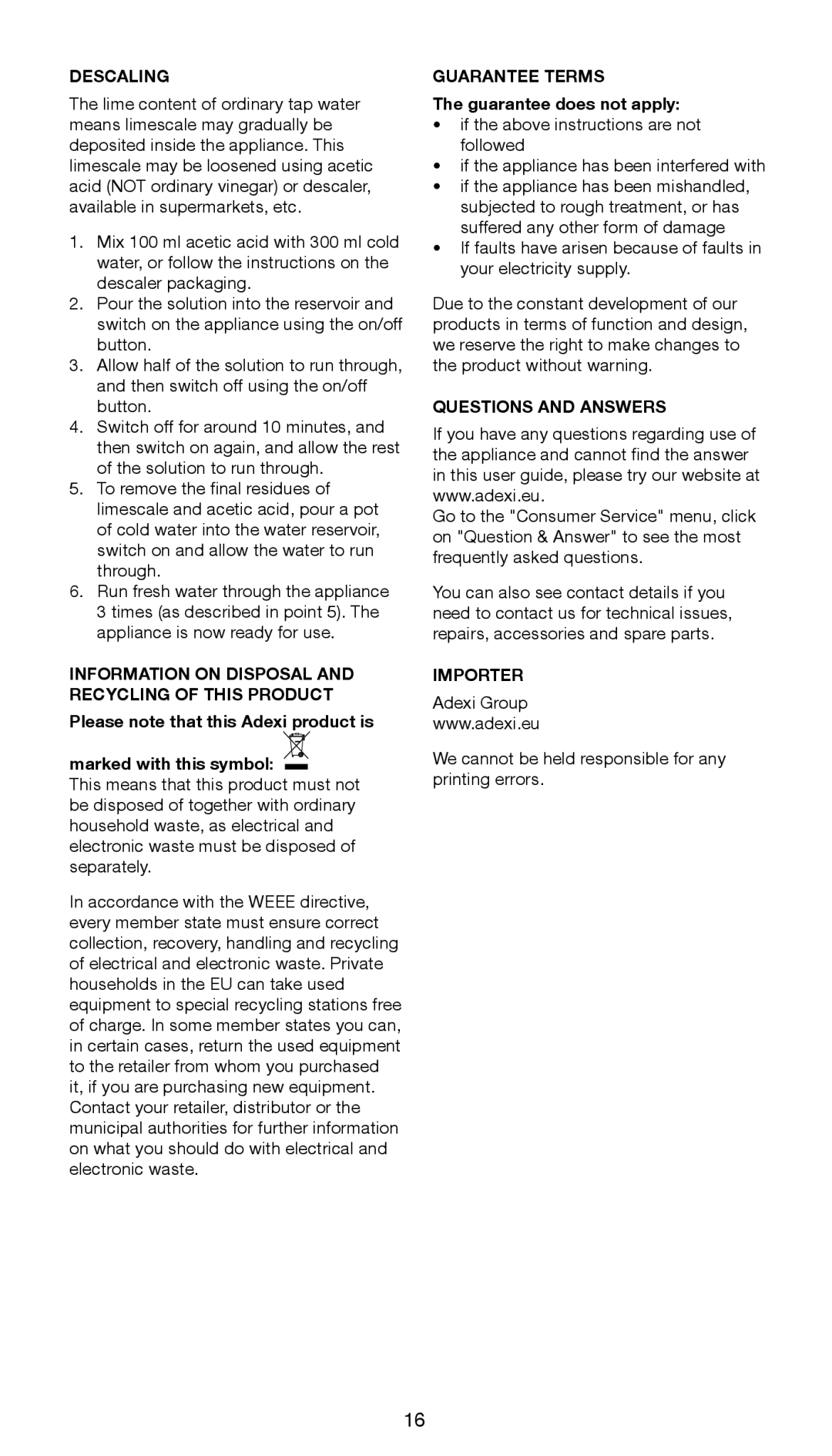 Melissa 645-104 Descaling, Information on Disposal and Recycling of this Product, Guarantee Terms, Questions and Answers 