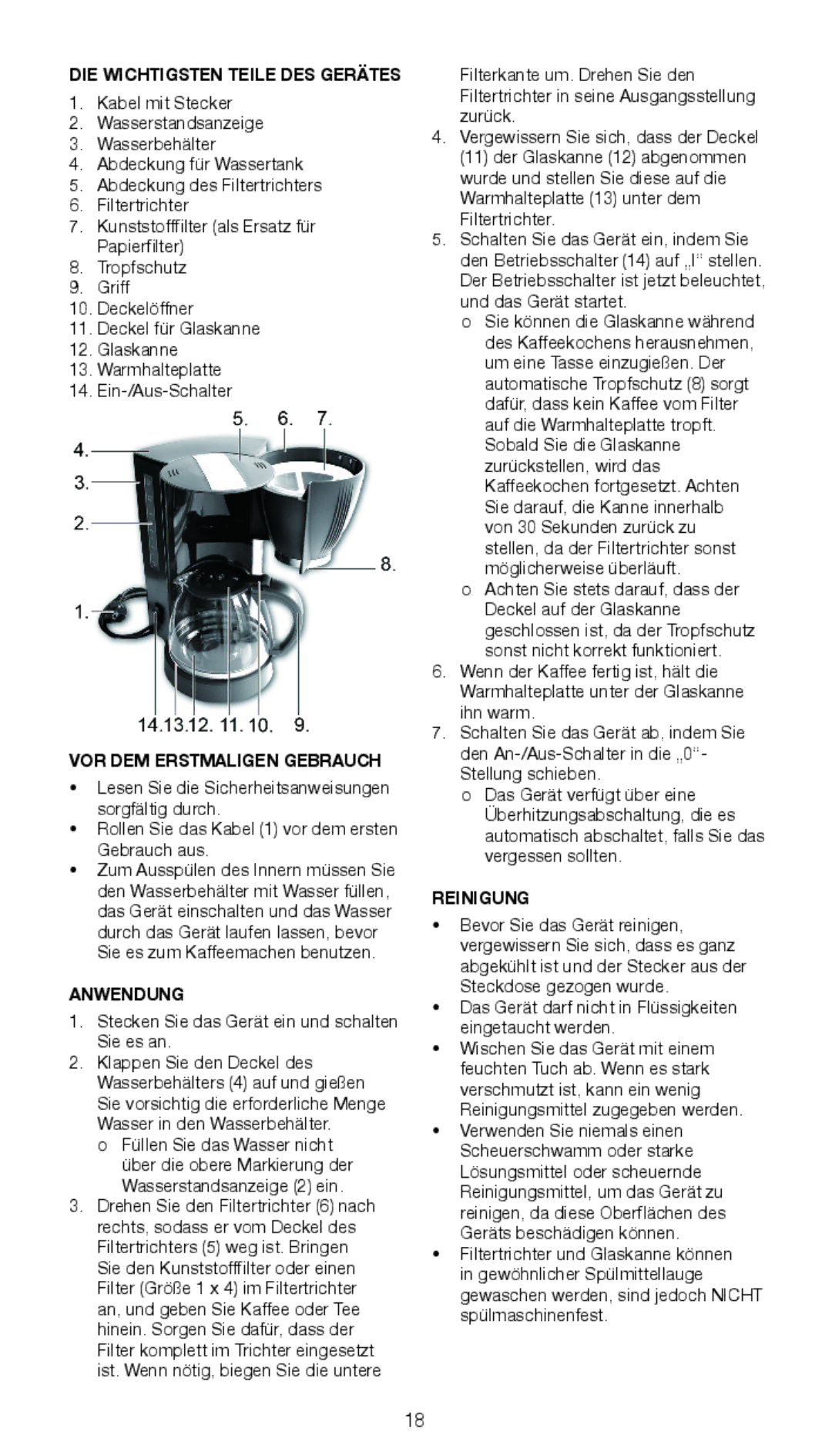 Melissa 645-104 manual DIE Wichtigsten Teile DES Gerätes, VOR DEM Erstmaligen Gebrauch, Anwendung, Reinigung 