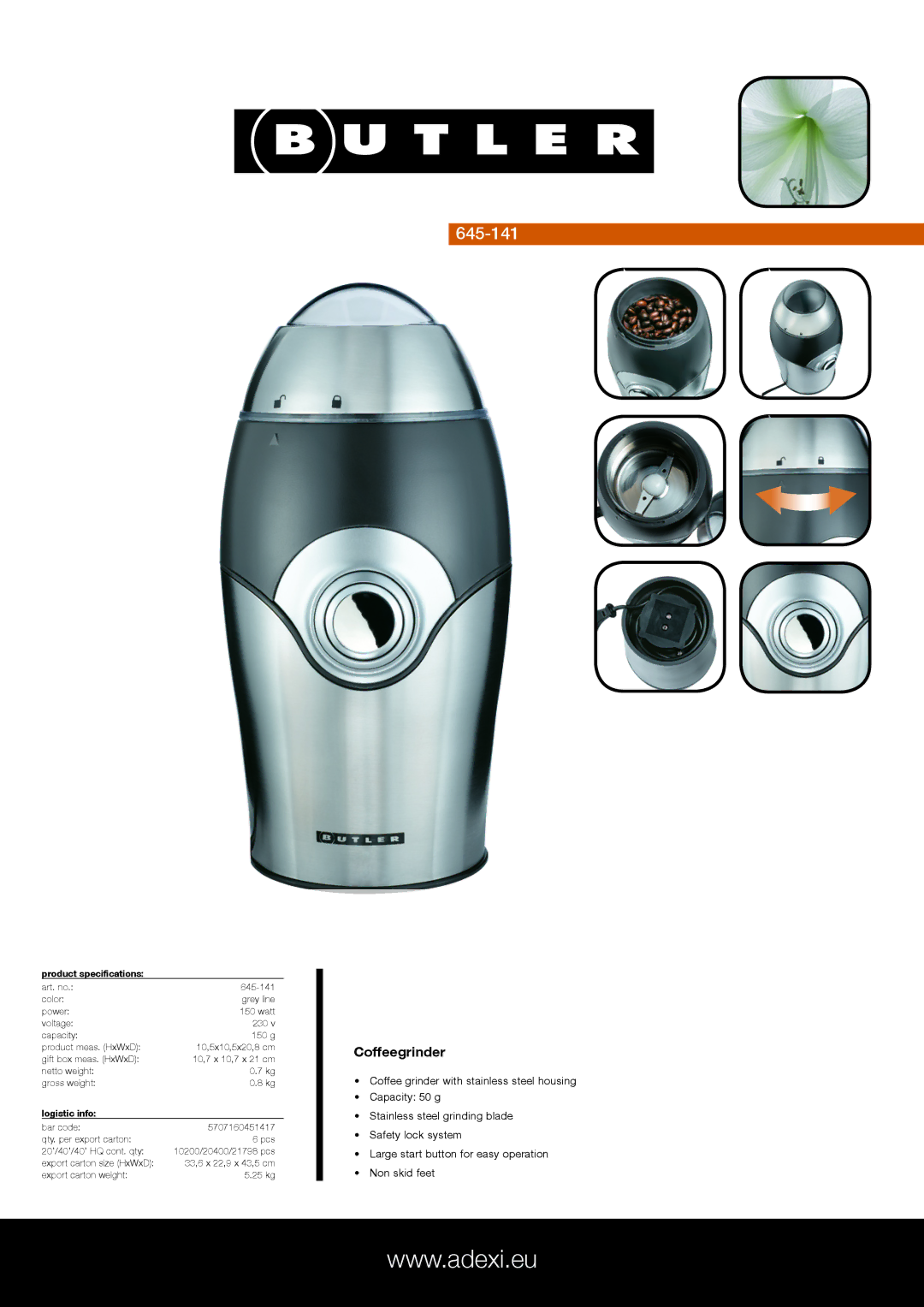 Melissa 645-141 specifications Coffeegrinder, Product specifications, Logistic info 