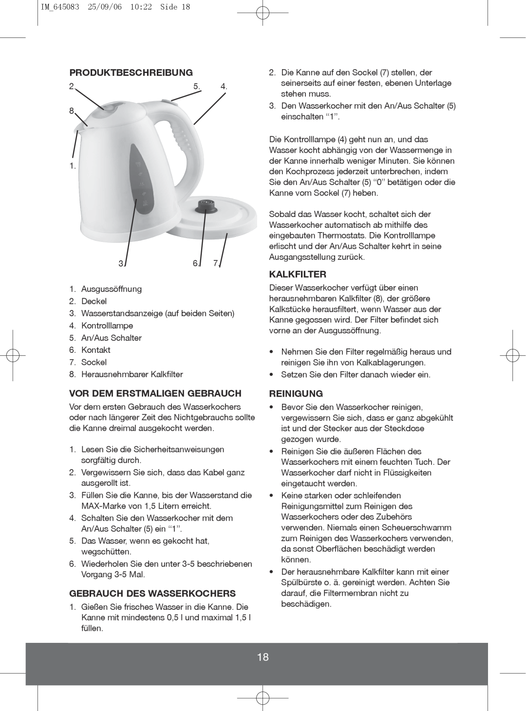 Melissa 645-237 manual Produktbeschreibung, Vor Dem Erstmaligen Gebrauch, Gebrauch Des Wasserkochers, Reinigung, Kalkfilter 