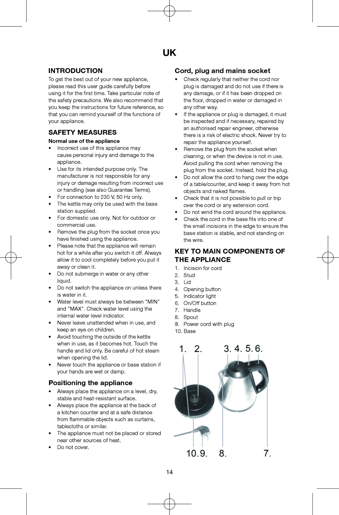 Melissa 145-013, 645-244, 645-261 Introduction, Safety Measures, Positioning the appliance, Cord, plug and mains socket 