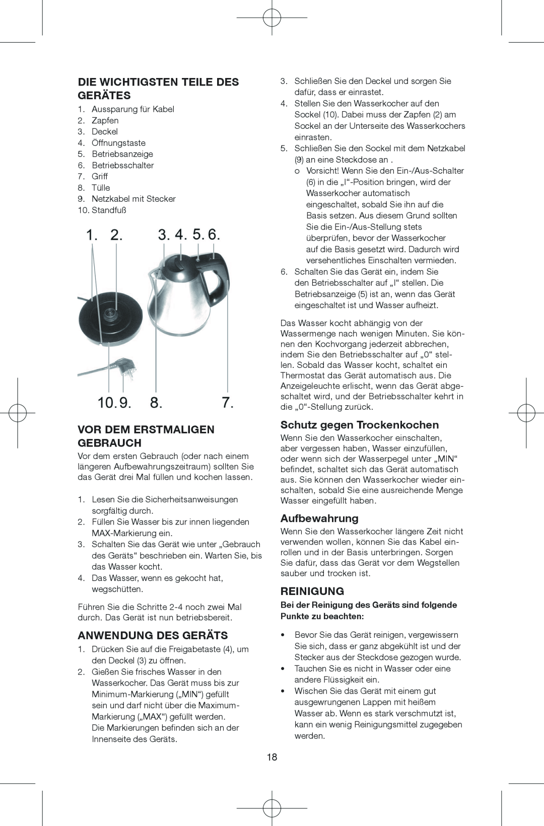 Melissa 645-244 manual Die Wichtigsten Teile Des Gerätes, Vor Dem Erstmaligen Gebrauch, Anwendung Des Geräts, Aufbewahrung 