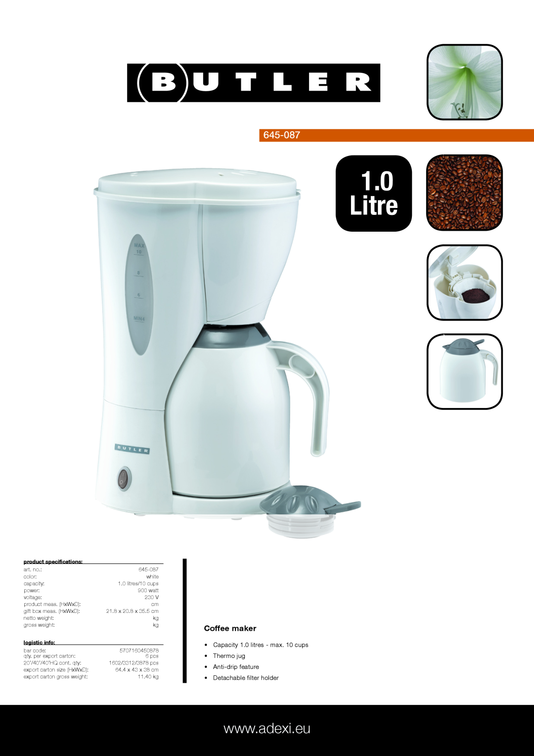 Melissa 645087 specifications Litre, 645-087, Coffee maker, Capacity 1.0 litres - max. 10 cups Thermo jug, logistic info 
