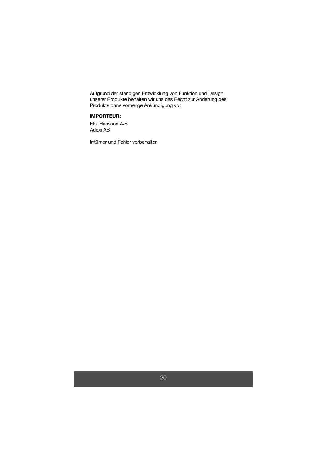 Melissa 646-028 manual Importeur, Elof Hansson A/S Adexi AB, Irrtümer und Fehler vorbehalten 