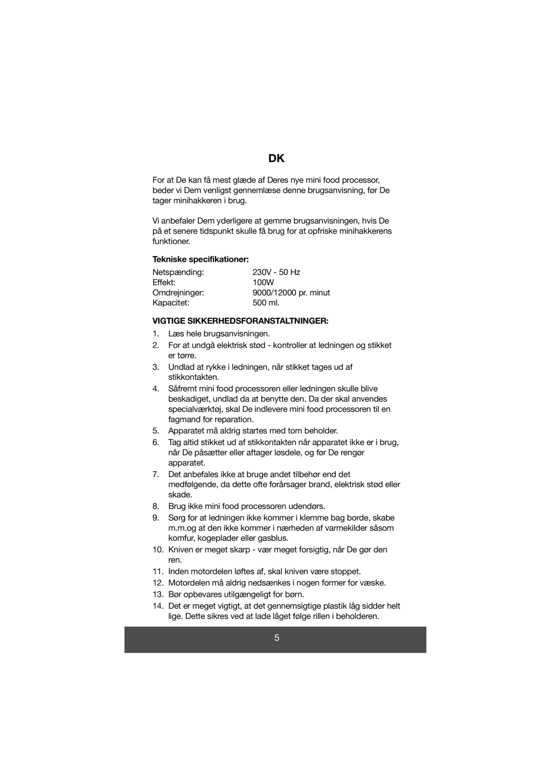 Melissa 646-028 manual Tekniske specifikationer, Vigtige Sikkerhedsforanstaltninger 