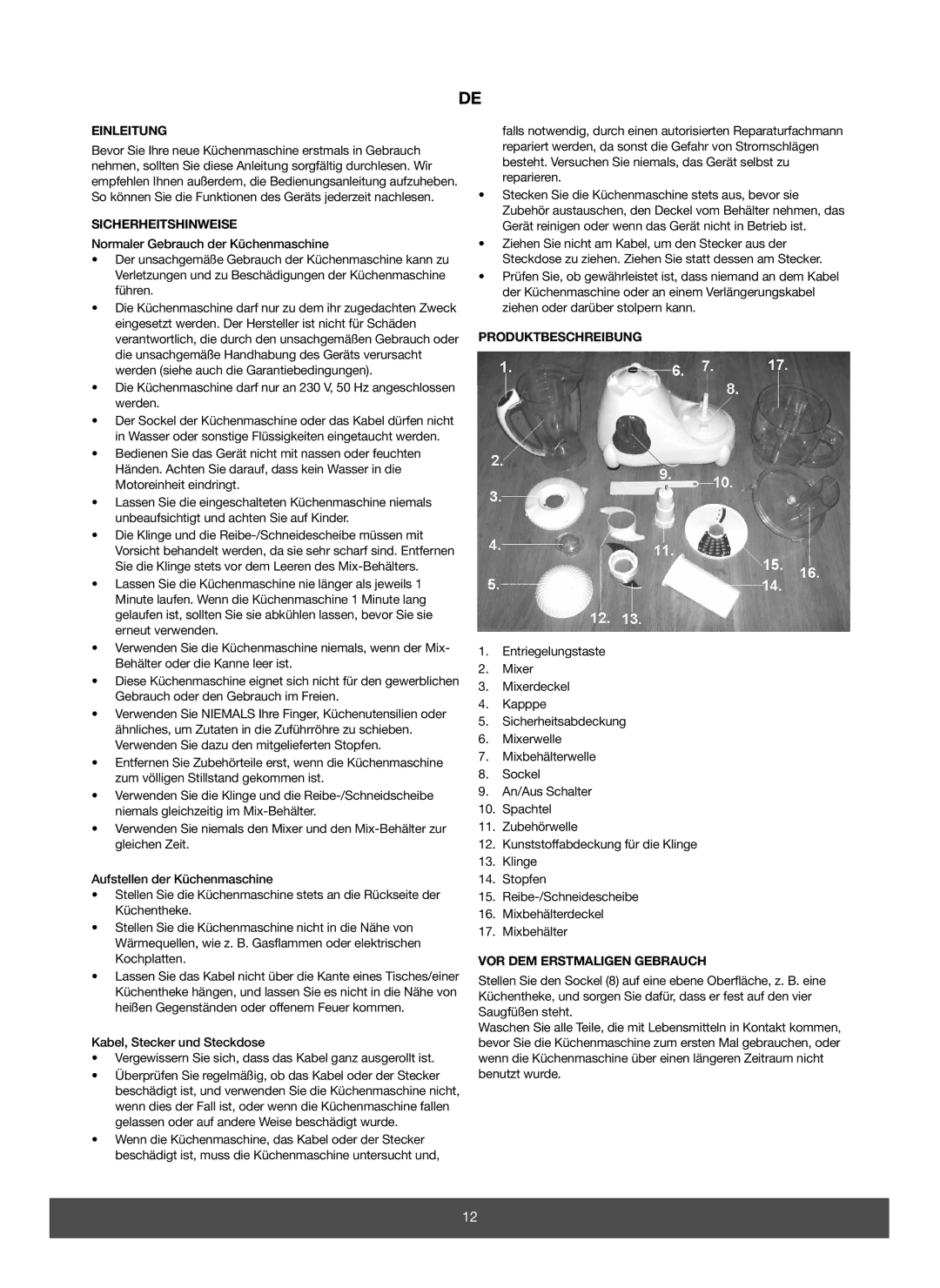 Melissa 646-033 manual Einleitung, Sicherheitshinweise, Produktbeschreibung, VOR DEM Erstmaligen Gebrauch 