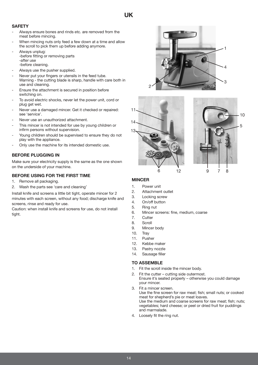 Melissa 646-034 manual Safety, Before Plugging, Before Using for the First Time, Mincer, To Assemble 