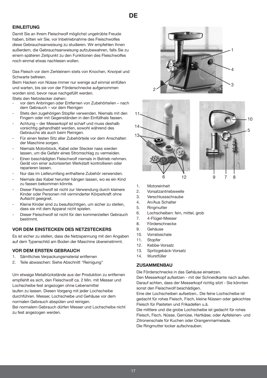 Melissa 646-034 manual Einleitung, VOR DEM Einstecken DES Netzsteckers, VOR DEM Ersten Gebrauch, Zusammenbau 