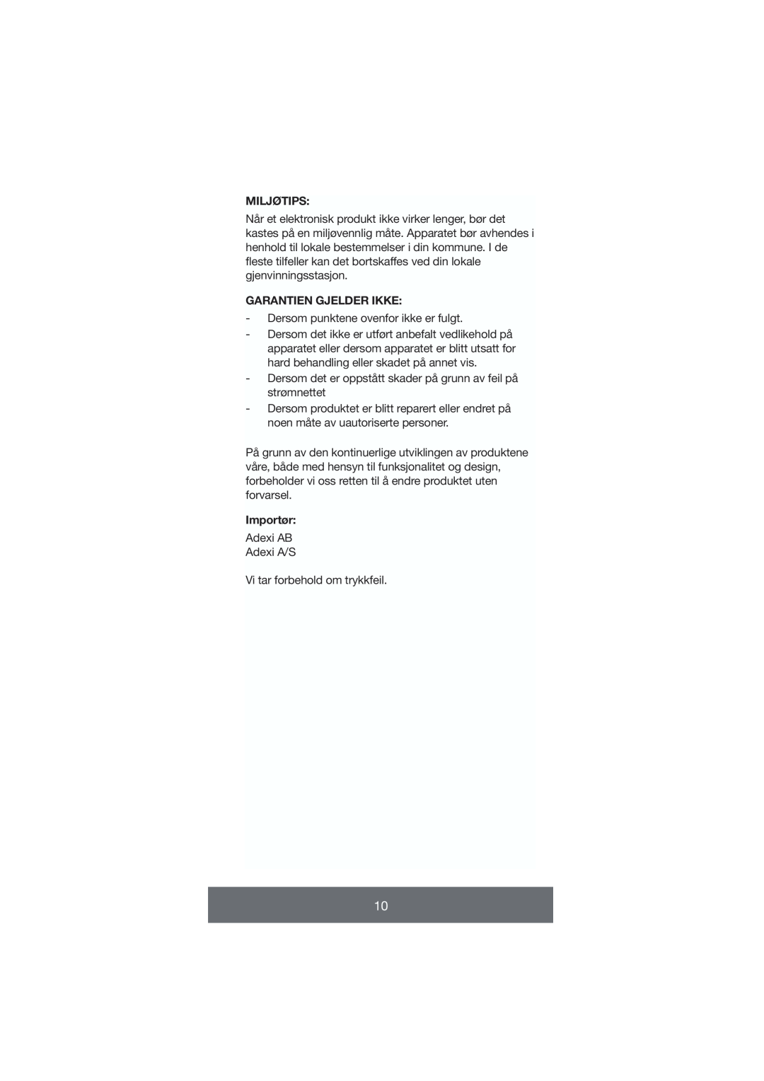 Melissa 646-035 manual Garantien Gjelder Ikke, Importør, Miljøtips 