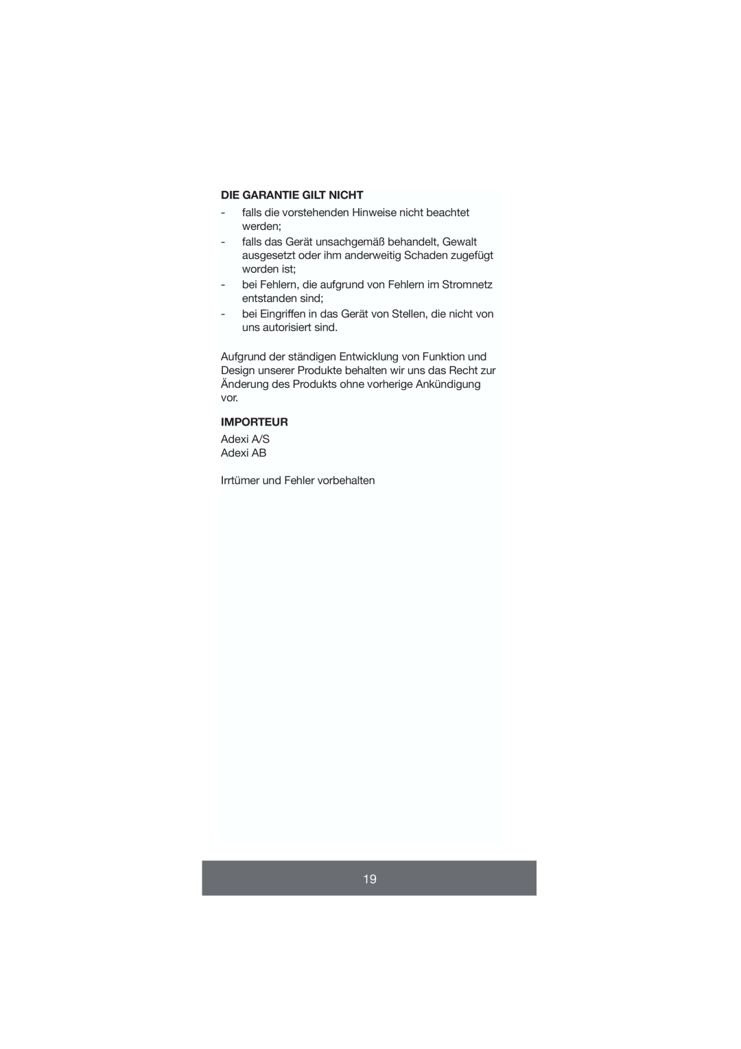 Melissa 646-035 manual Die Garantie Gilt Nicht, Importeur 