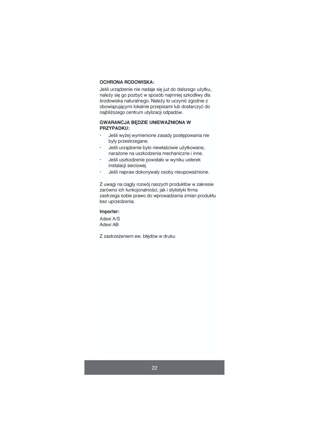 Melissa 646-035 manual Ochrona Rodowiska, Gwarancja B¢Dzie Uniewa˚Niona W Przypadku, Importer 