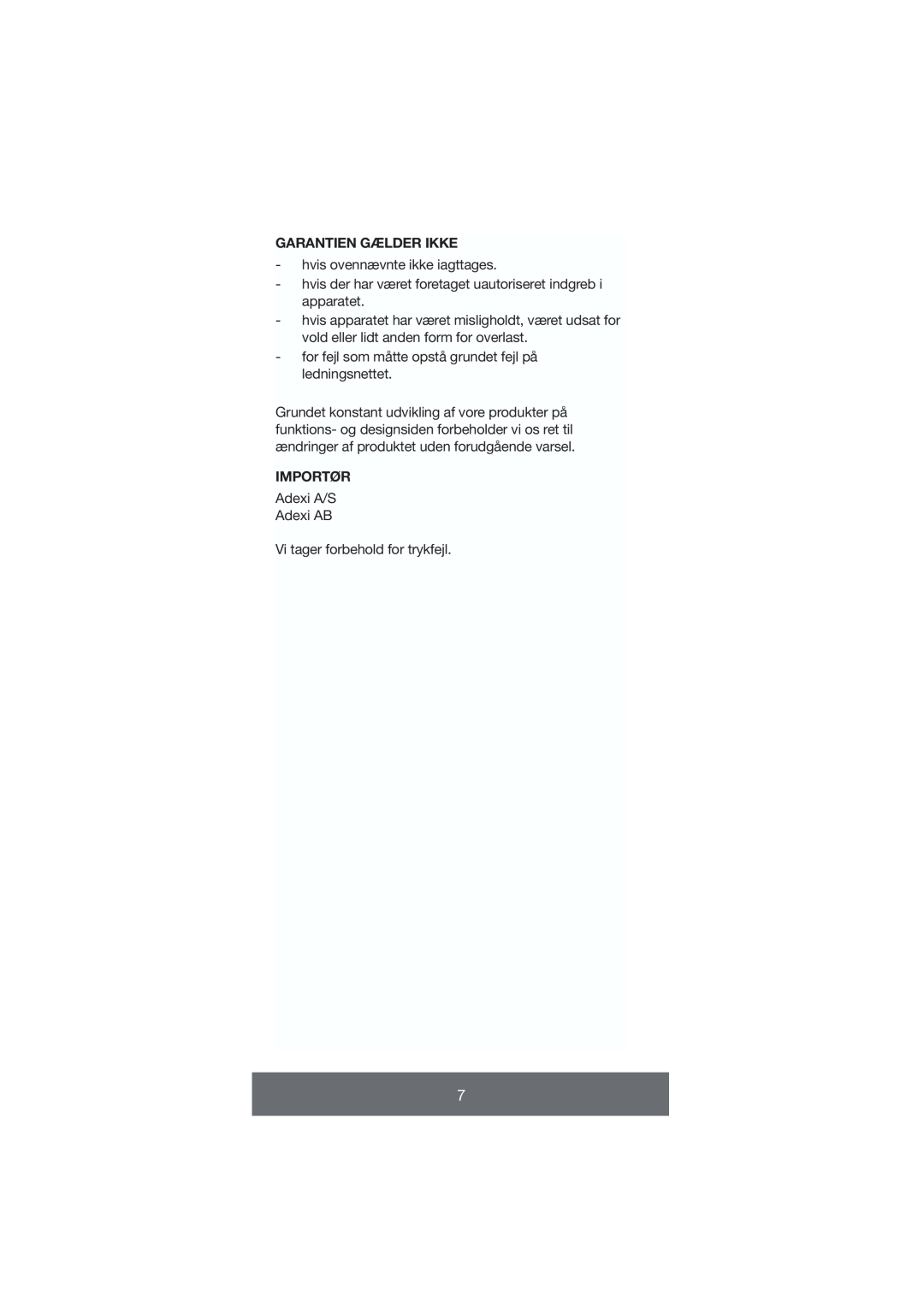 Melissa 646-035 manual Garantien Gælder Ikke, Importør 
