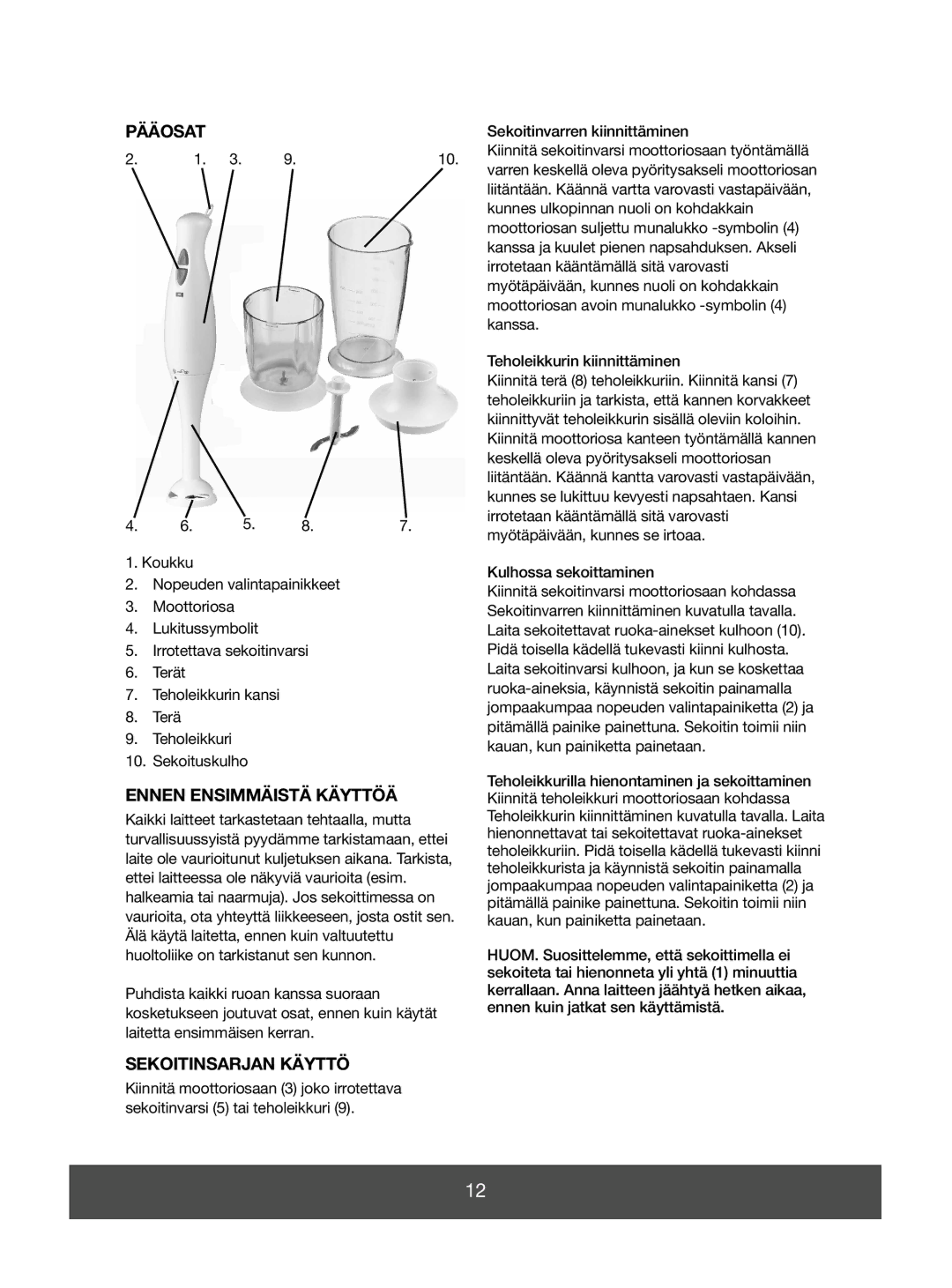 Melissa 646-036 manual Pääosat, Ennen Ensimmäistä Käyttöä, Sekoitinsarjan Käyttö 