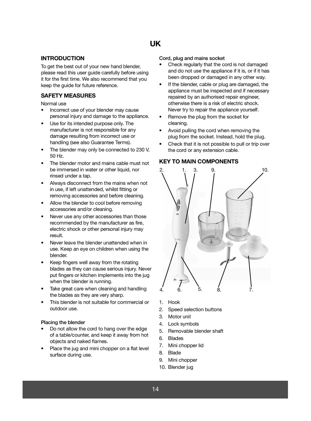 Melissa 646-036 manual Introduction, Safety Measures, KEY to Main Components, Normal use 