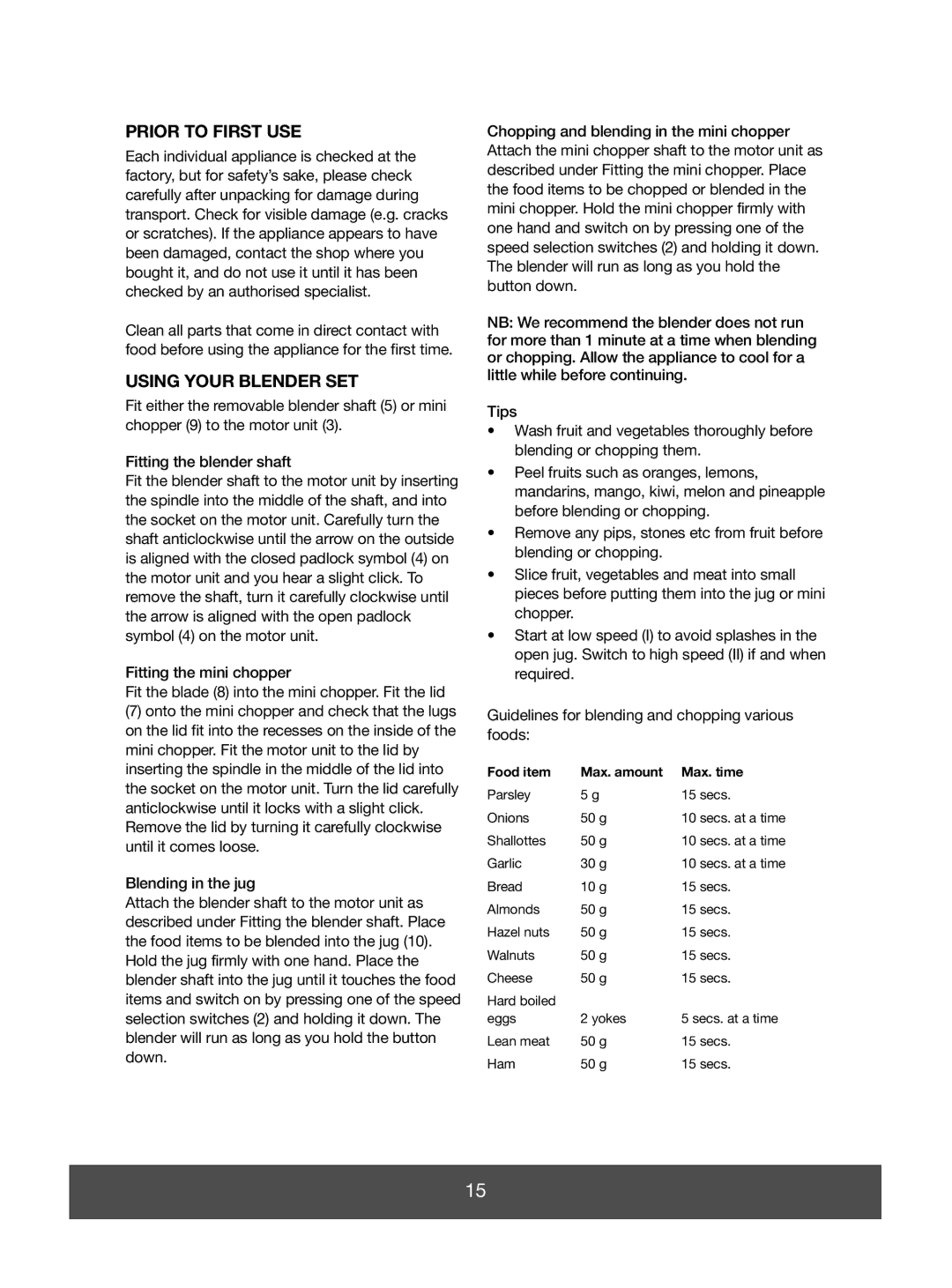 Melissa 646-036 manual Prior to First USE, Using Your Blender SET, Food item Max. amount Max. time 