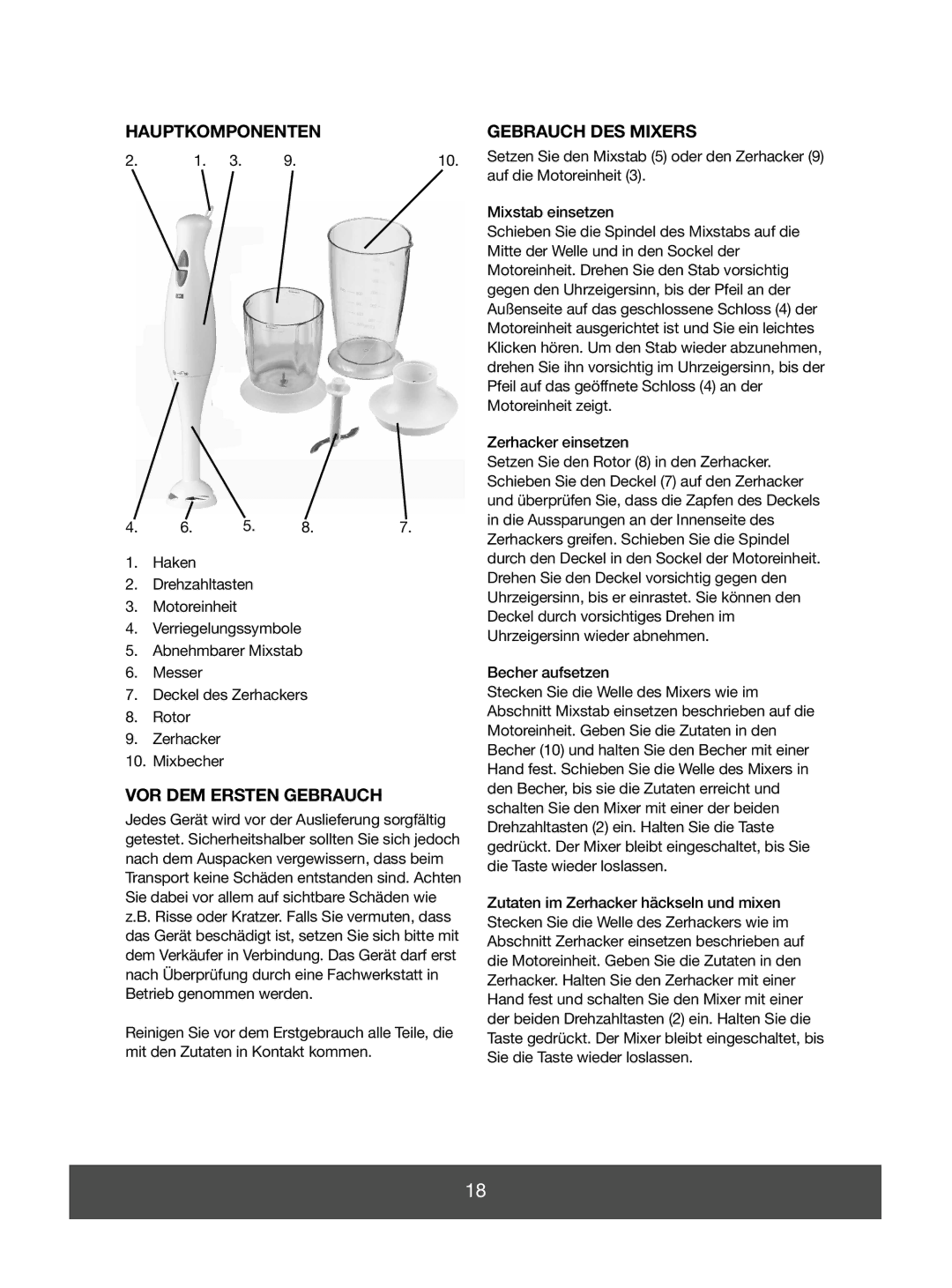 Melissa 646-036 manual Hauptkomponenten Gebrauch DES Mixers, VOR DEM Ersten Gebrauch 