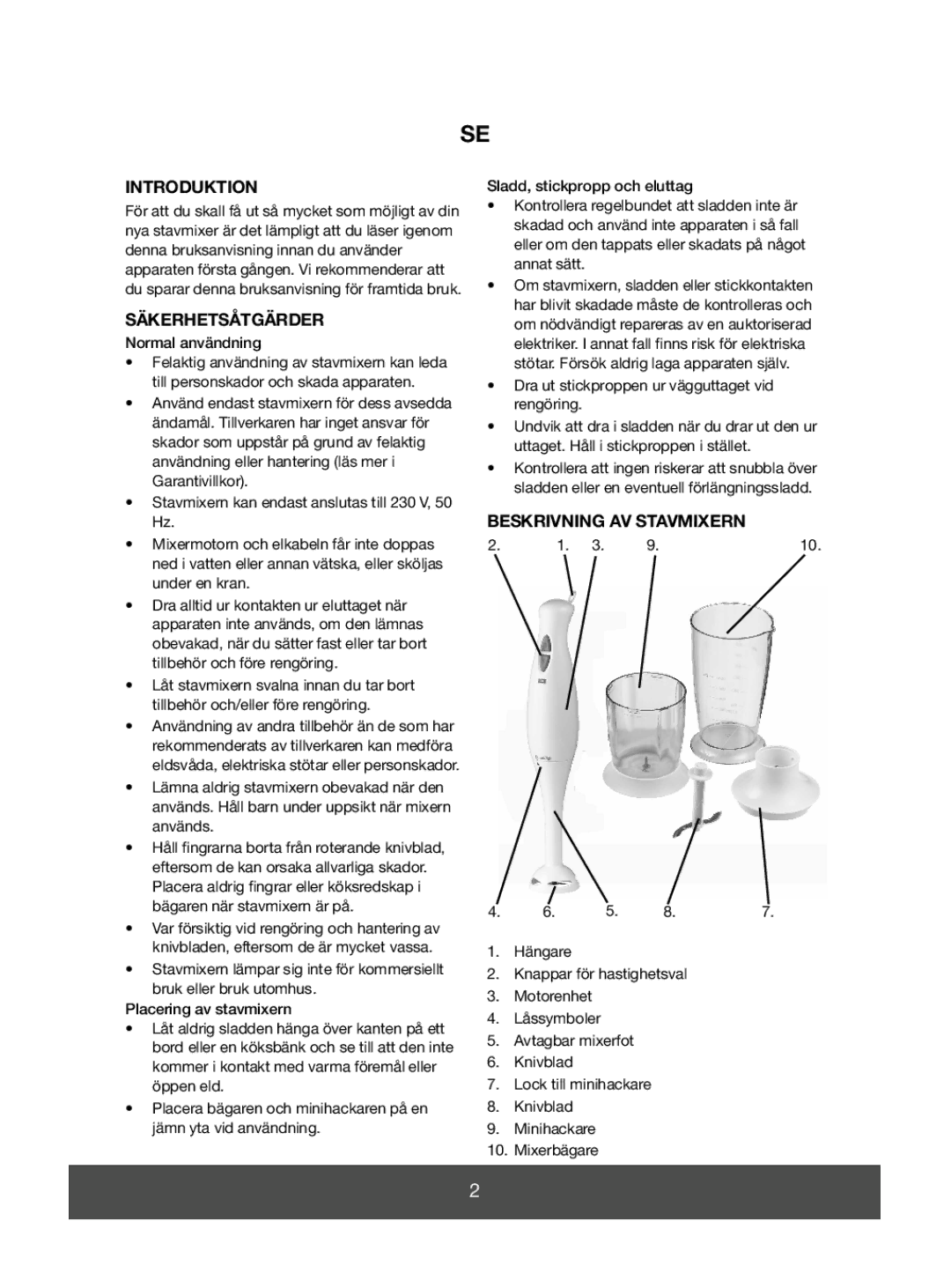 Melissa 646-036 manual Introduktion, Säkerhetsåtgärder, Beskrivning AV Stavmixern, Normal användning 