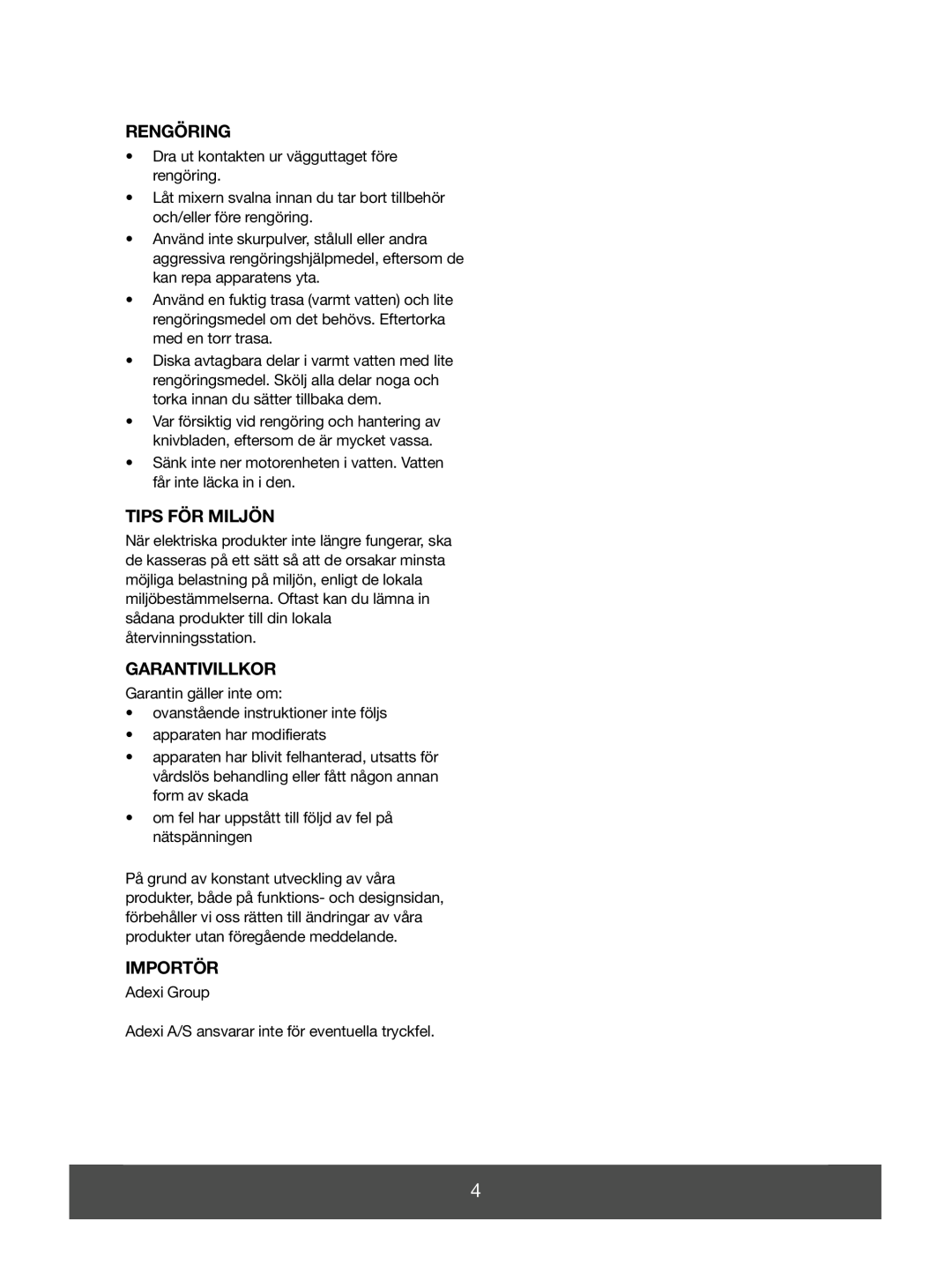 Melissa 646-036 manual Rengöring, Tips För Miljön, Garantivillkor, Importör 