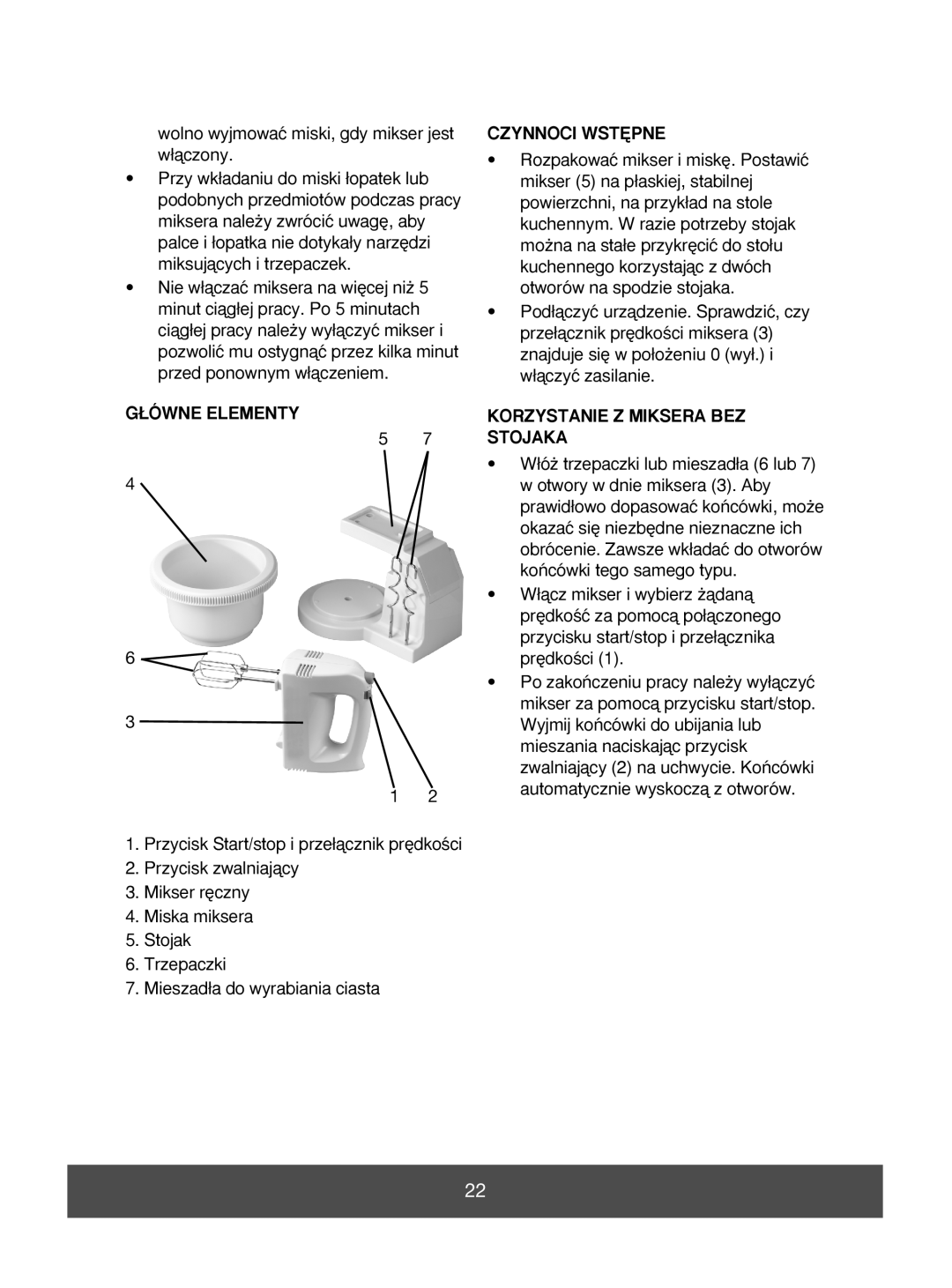 Melissa 646-039 manual ¸ÓWNE Elementy, Czynnoci WST¢PNE, Korzystanie Z Miksera BEZ Stojaka 