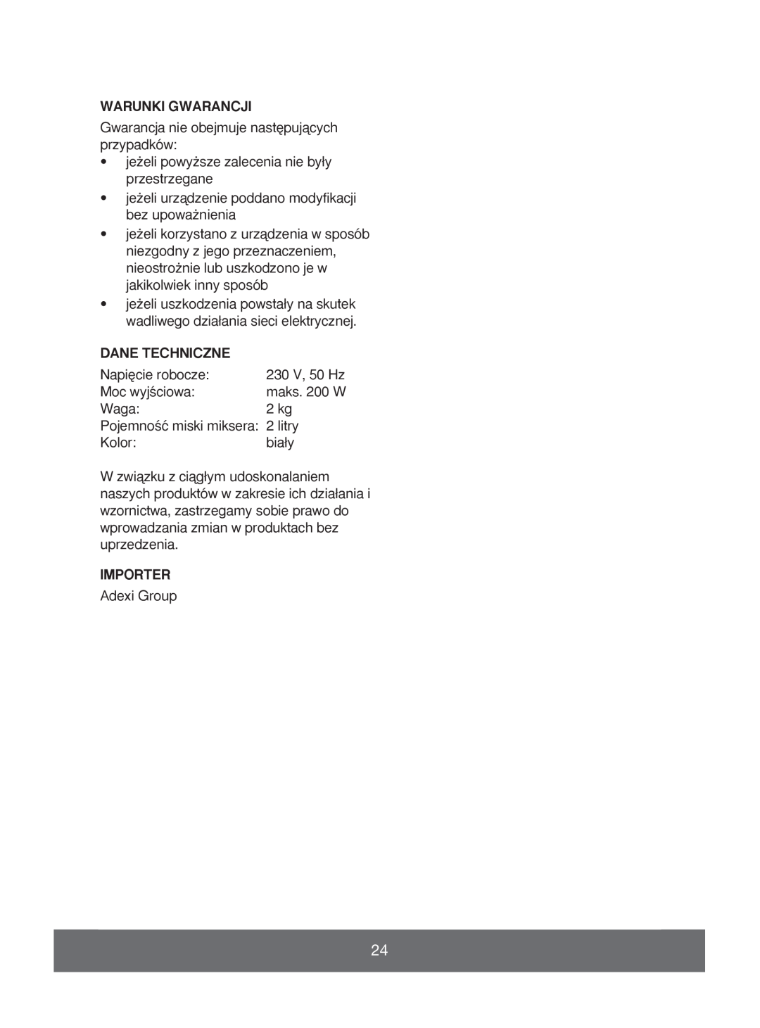 Melissa 646-039 manual Warunki Gwarancji, Dane Techniczne, Importer 