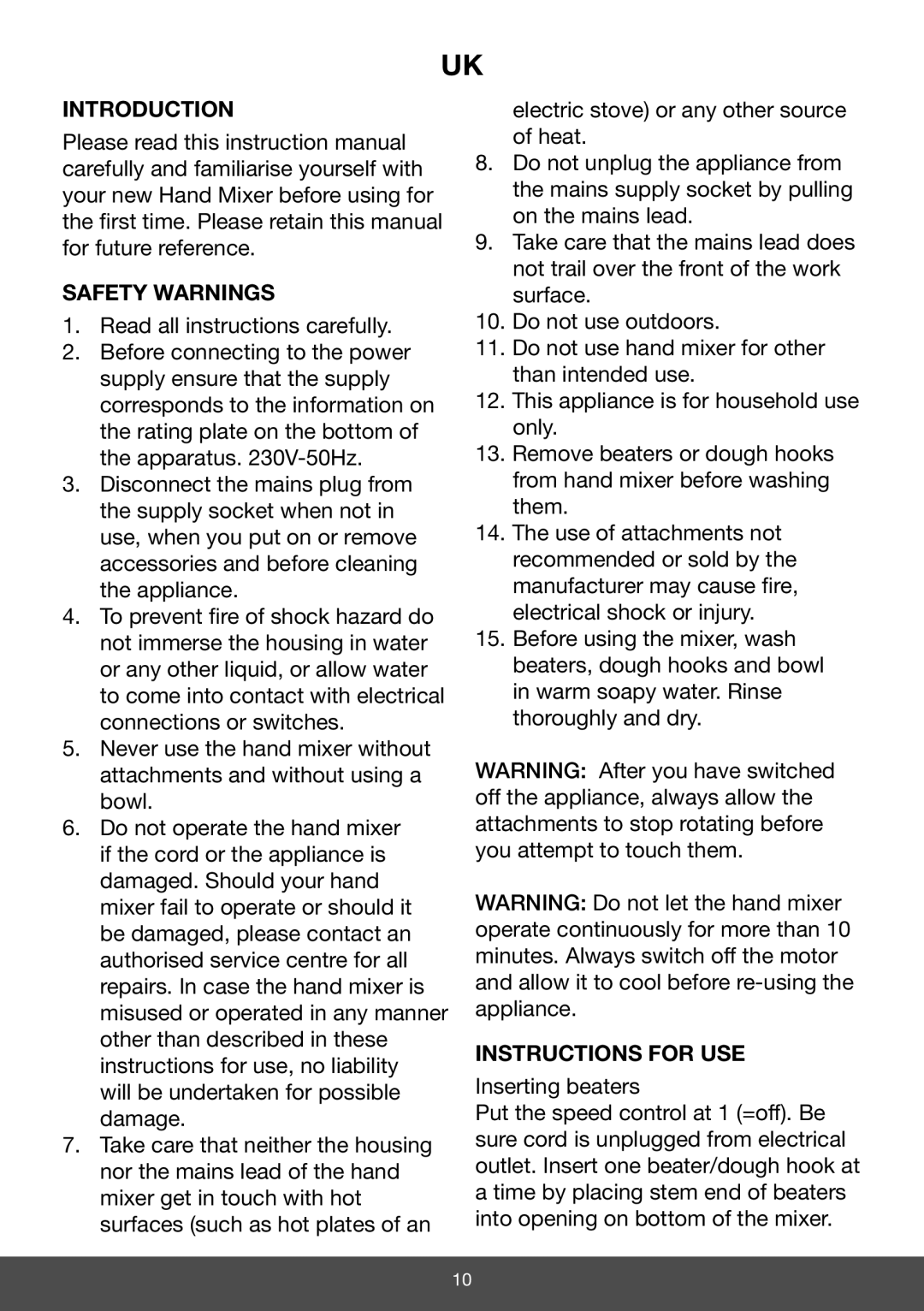 Melissa 646-042 manual Introduction Safety Warnings, Instructions for USE 