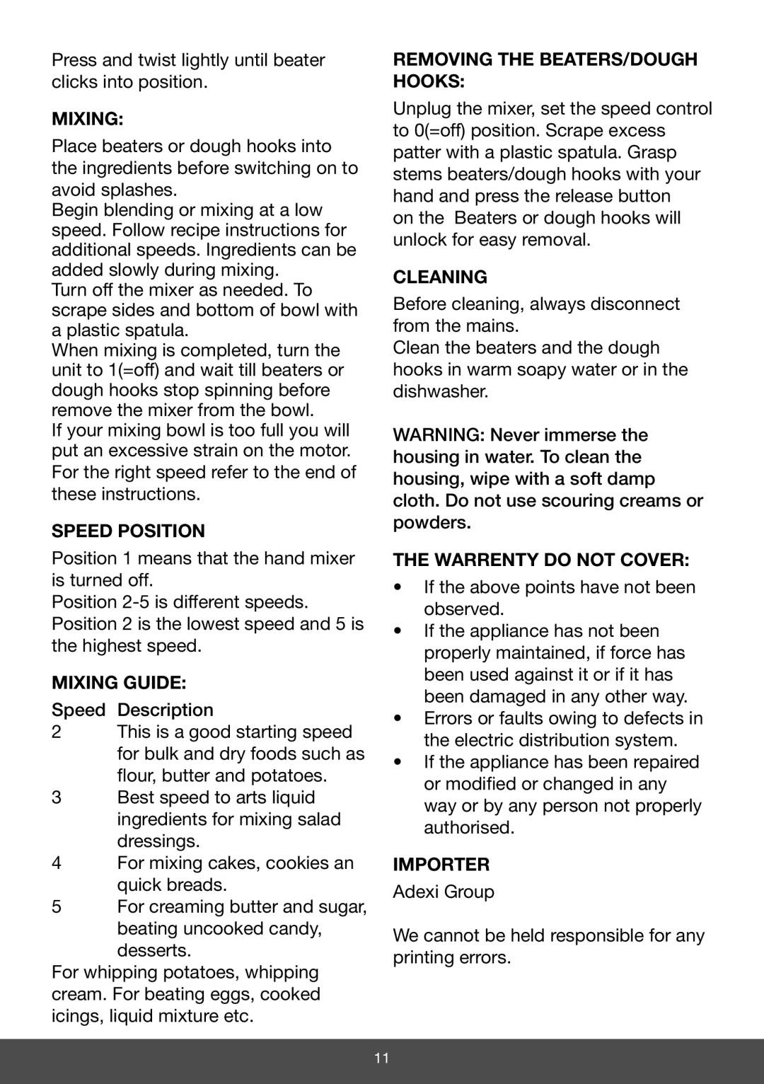 Melissa 646-042 manual Speed Position, Mixing Guide, Removing the BEATERS/DOUGH Hooks, Cleaning, Warrenty do not Cover 