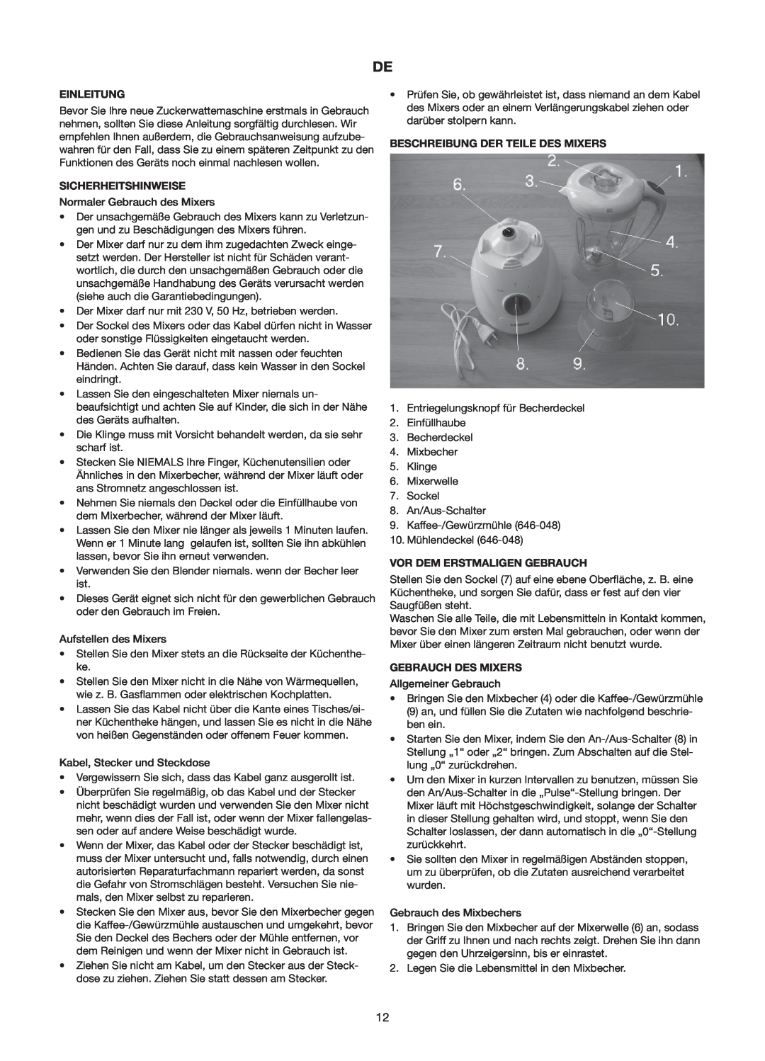Melissa 646-047/48 manual Einleitung, Sicherheitshinweise, Beschreibung Der Teile Des Mixers, Vor Dem Erstmaligen Gebrauch 