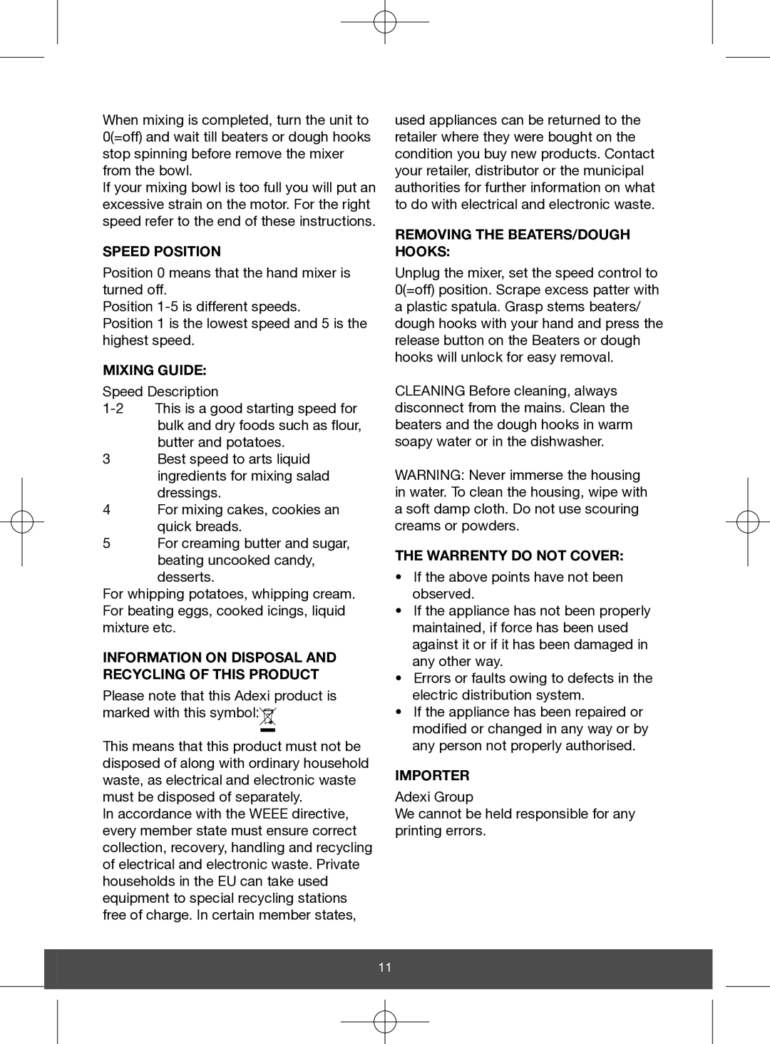 Melissa 646-049 Speed Position, Mixing Guide, Information on Disposal and Recycling of this Product, Warrenty do not Cover 