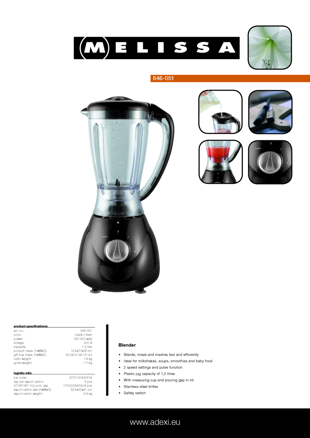 Melissa 646-051 specifications Blender, Product specifications, Logistic info 