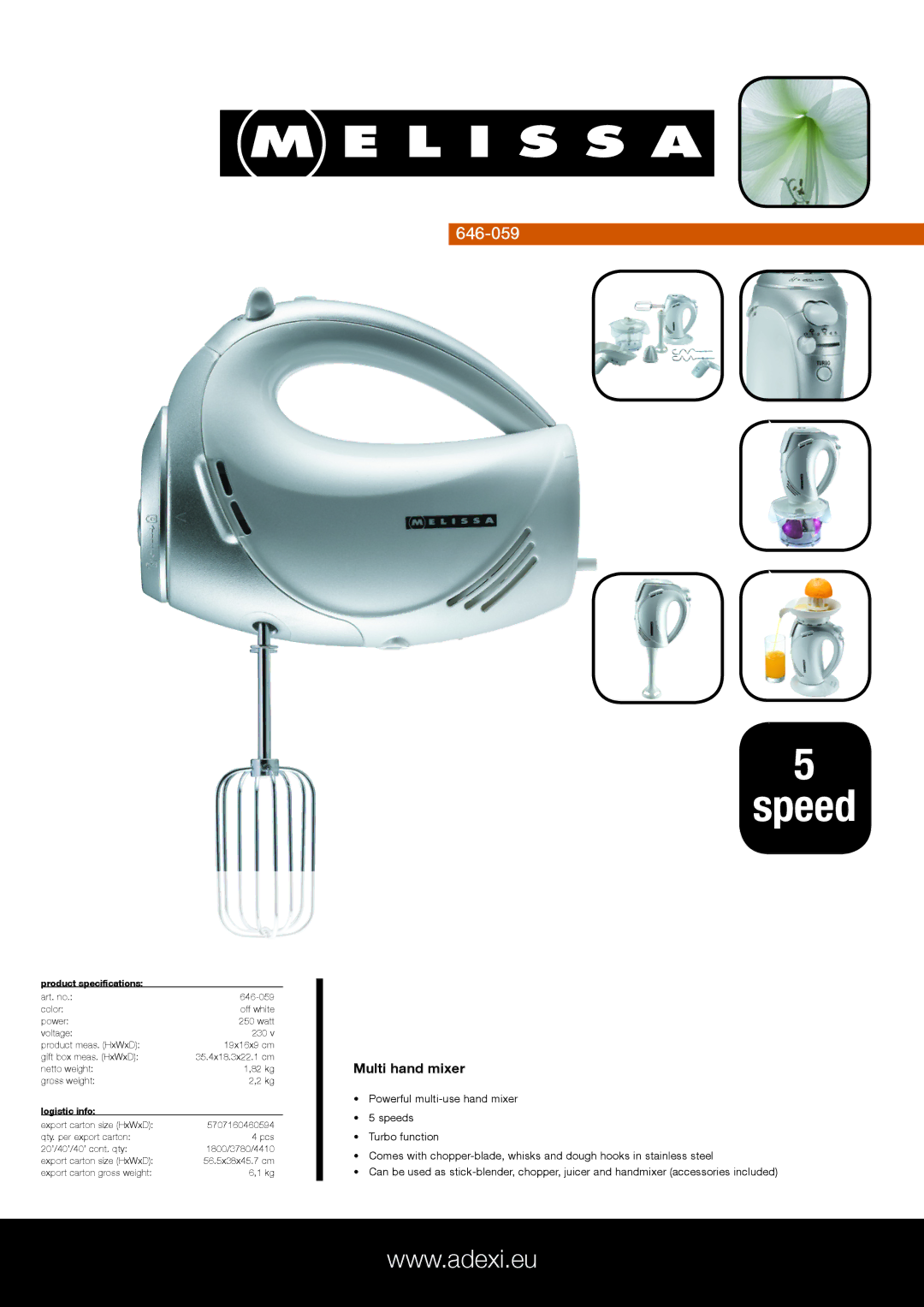 Melissa 646-059 specifications Speed, Multi hand mixer, Product specifications, Logistic info 