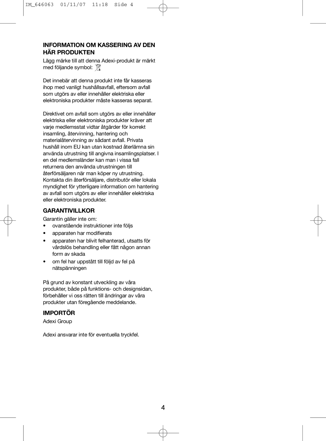 Melissa 646-063 manual Information Om Kassering Av Den Här Produkten, Garantivillkor, Importör 