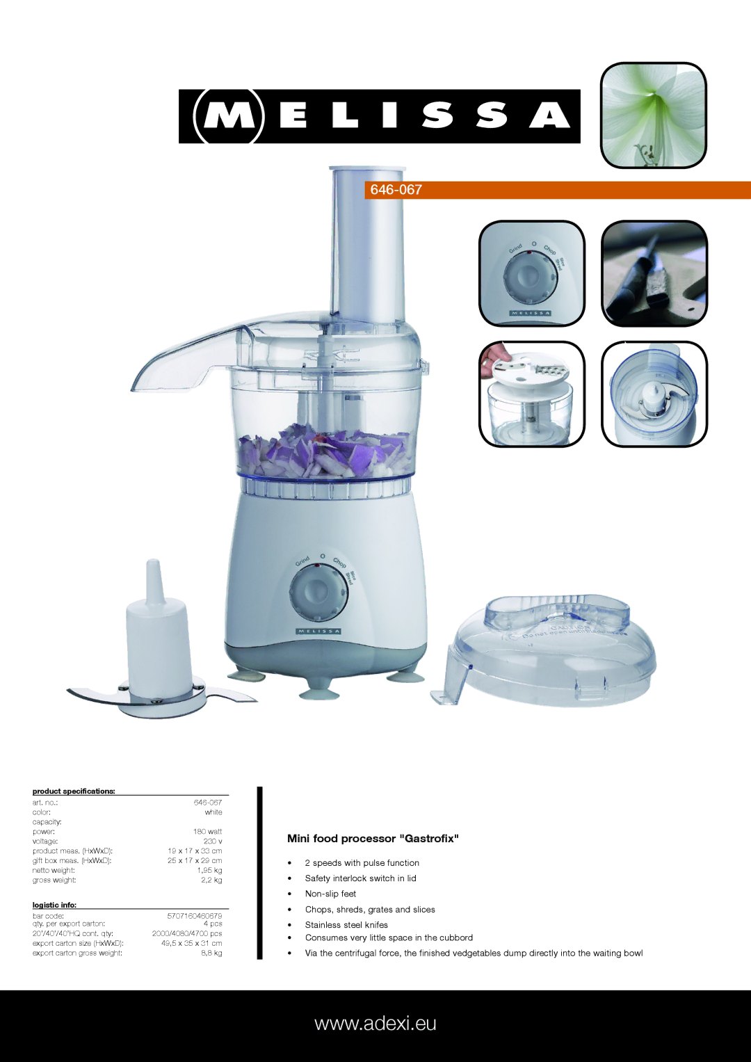 Melissa 646-067 specifications Mini food processor Gastrofix, Product specifications, Logistic info 