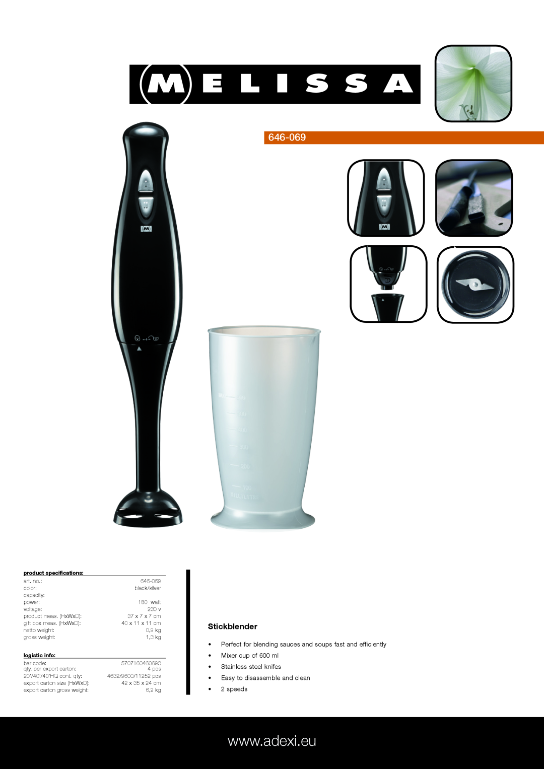 Melissa 646-069 specifications Stickblender, Mixer cup of 600 ml Stainless steel knifes, product specifications 