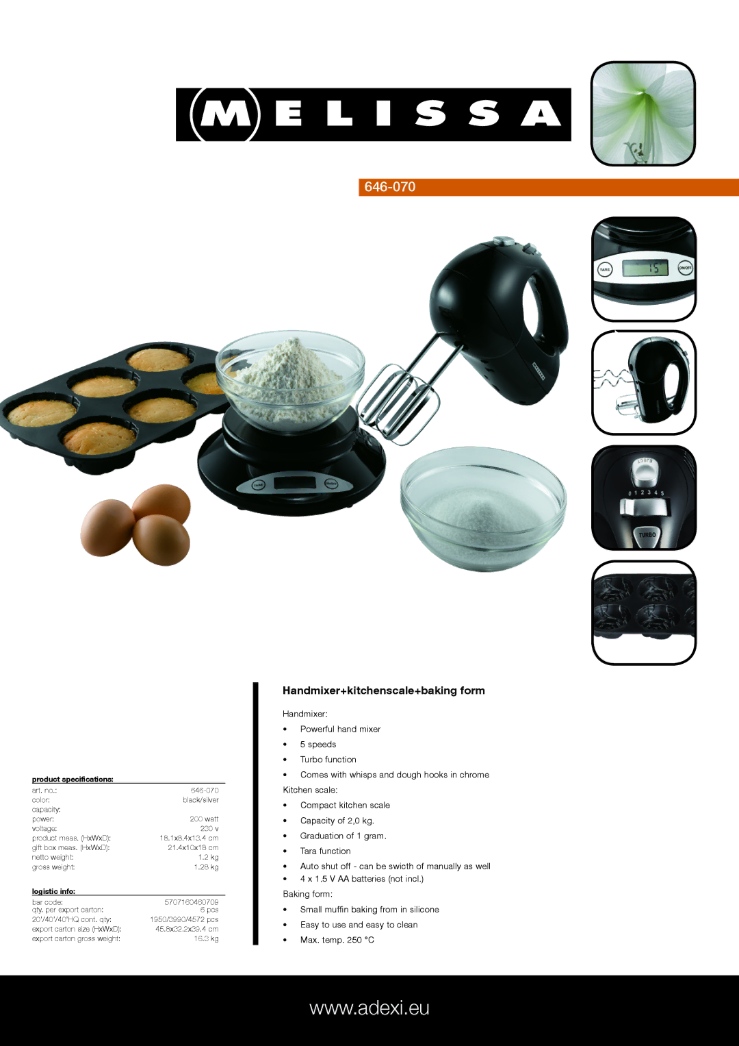 Melissa 646-070 specifications Handmixer+kitchenscale+baking form, Product specifications, Logistic info 