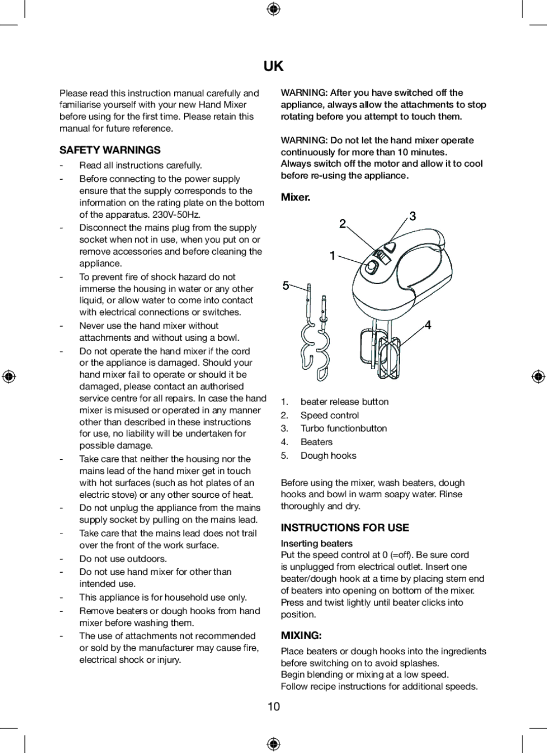 Melissa 646-078 manual Safety Warnings, Instructions for USE, Mixing 