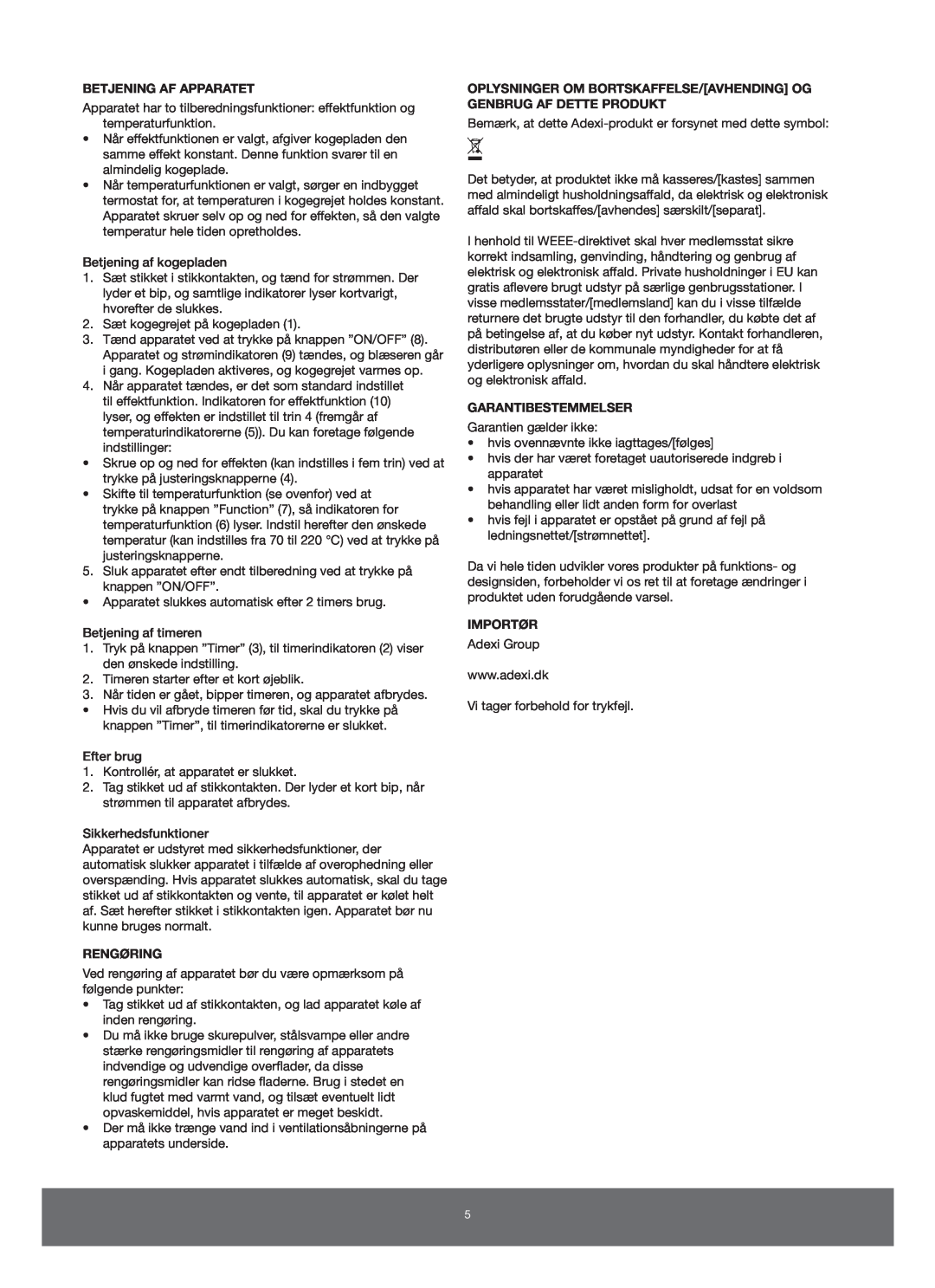 Melissa 650-005 manual Betjening Af Apparatet, Rengøring, Garantibestemmelser, Importør 