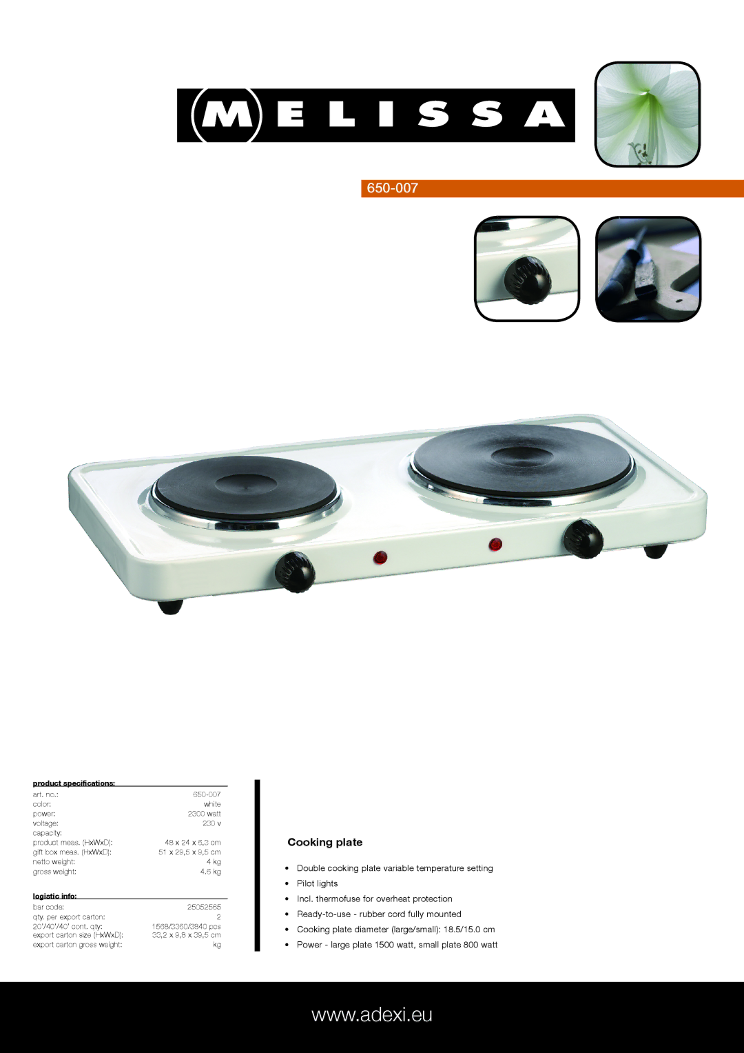 Melissa 650-007 specifications Cooking plate, Product specifications, Logistic info 