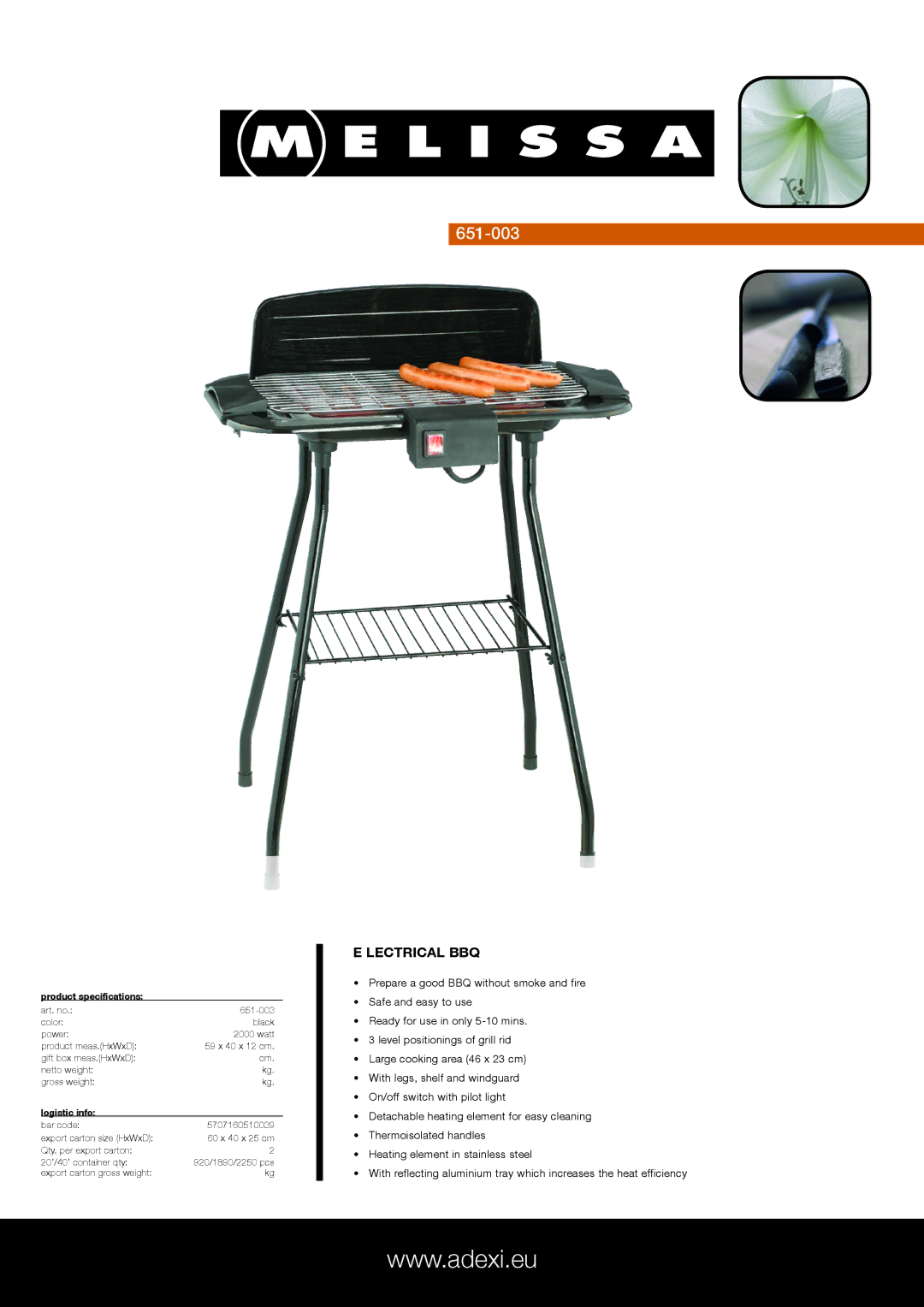 Melissa 651-003 specifications Lectrical BBQ, Product specifications, Logistic info 