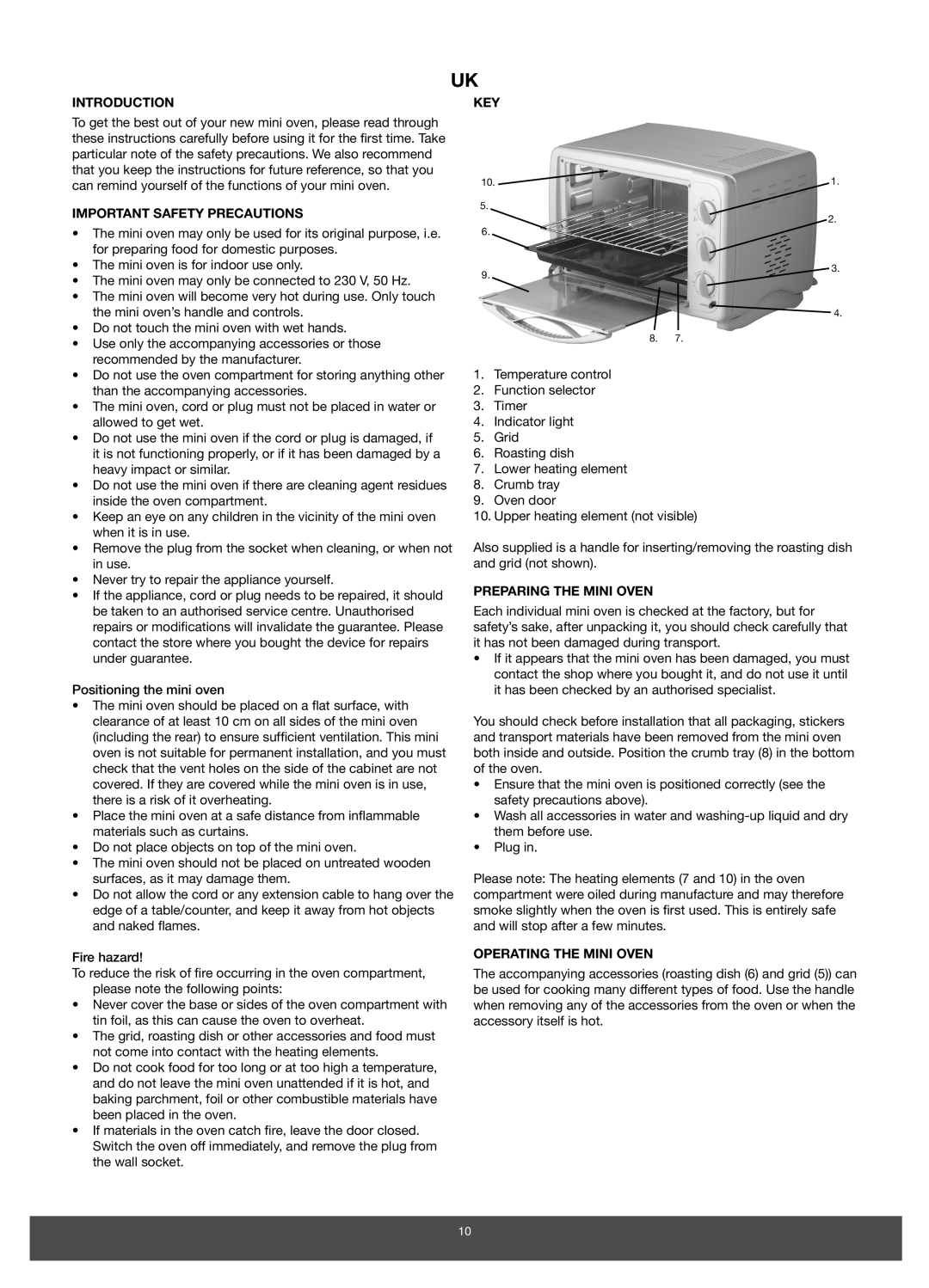 Melissa 651-007 manual Introduction, Important Safety Precautions, Key, Preparing the Mini Oven, Operating the Mini Oven 