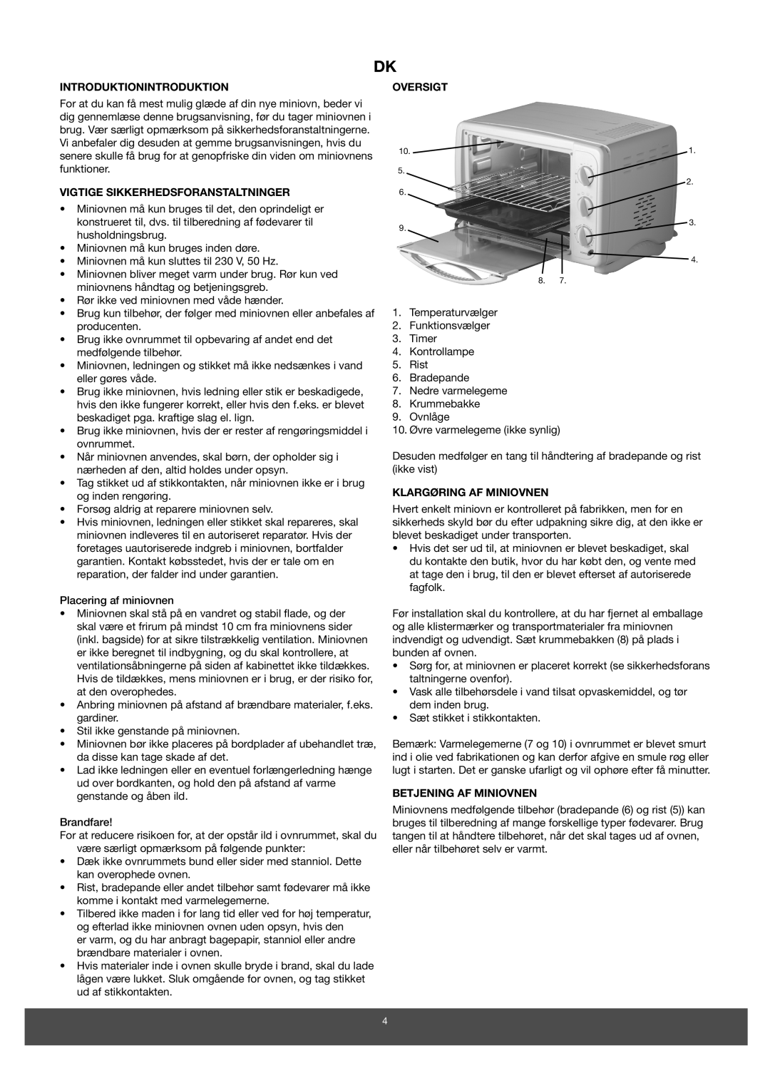 Melissa 651-007 manual Introduktionintroduktion, Vigtige Sikkerhedsforanstaltninger, Oversigt, Klargøring AF Miniovnen 