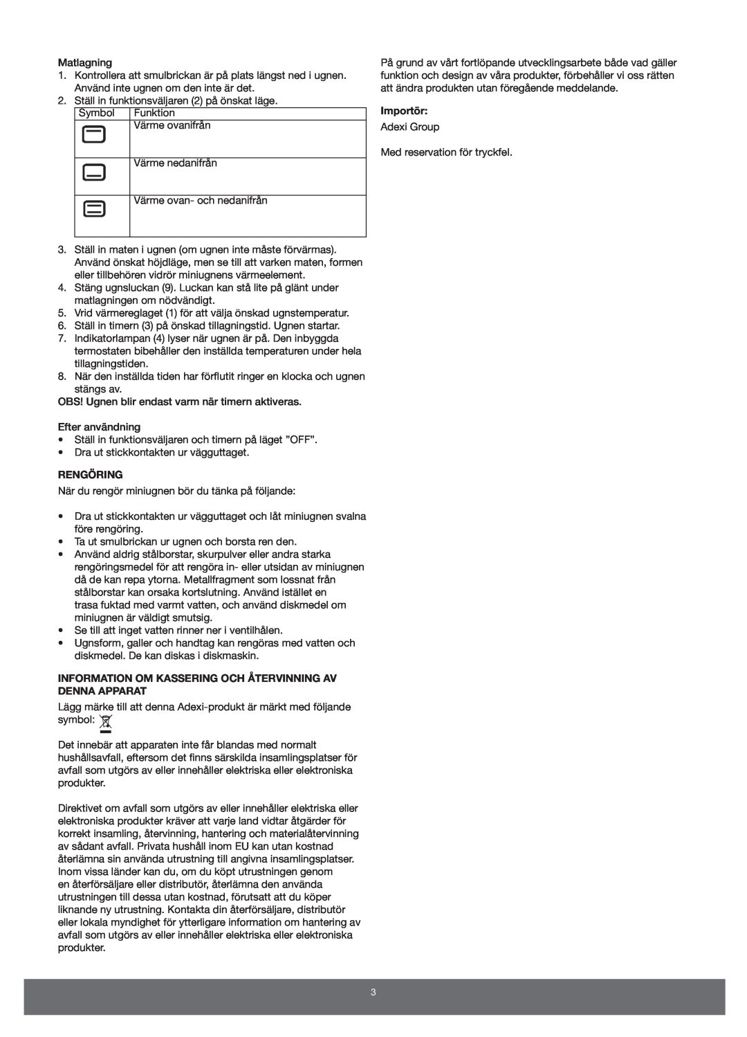 Melissa 651-007 manual Rengöring, Information Om Kassering Och Återvinning Av Denna Apparat, Importör 