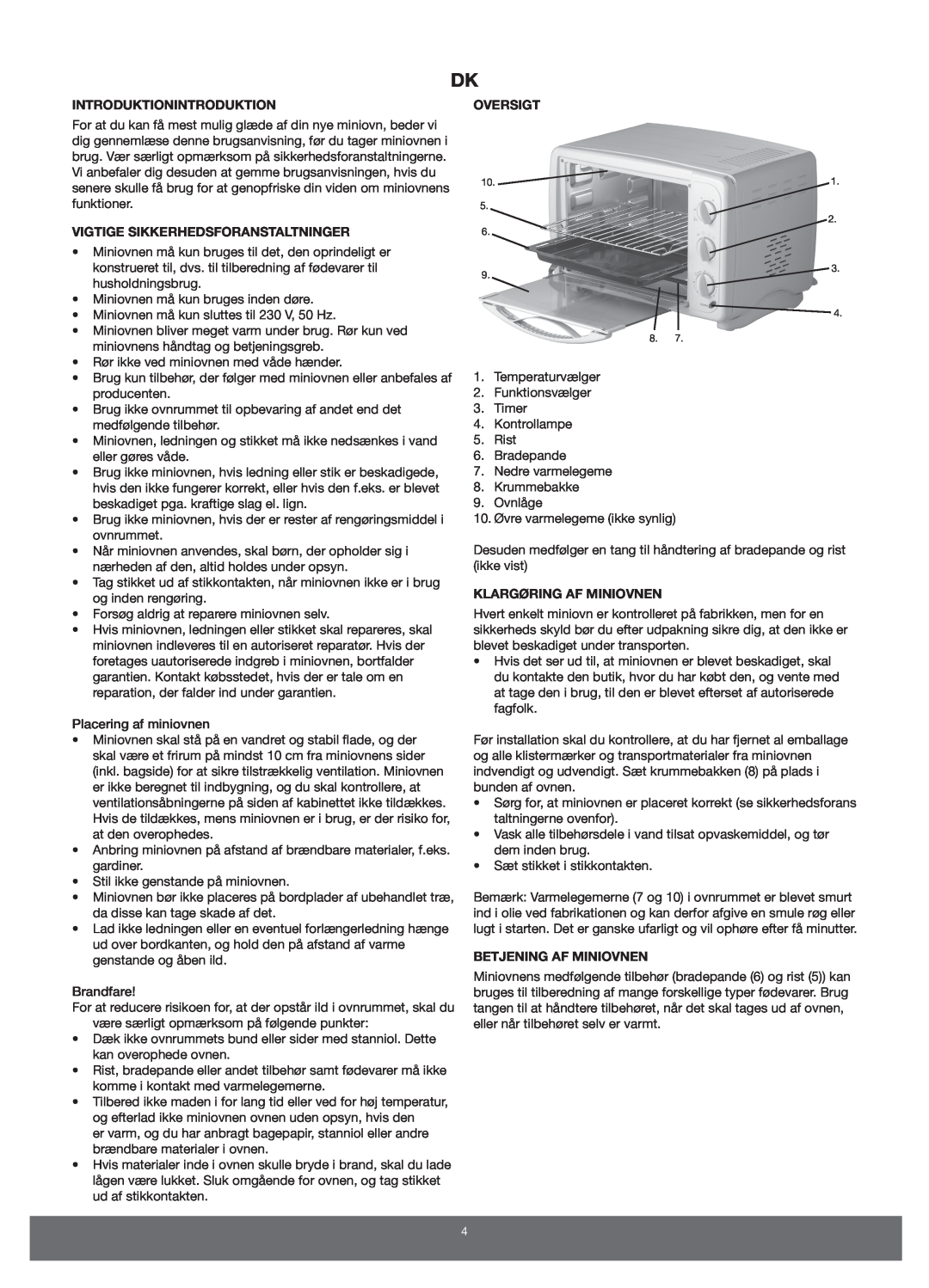 Melissa 651-007 manual Introduktionintroduktion, Vigtige Sikkerhedsforanstaltninger, Oversigt, Klargøring Af Miniovnen 