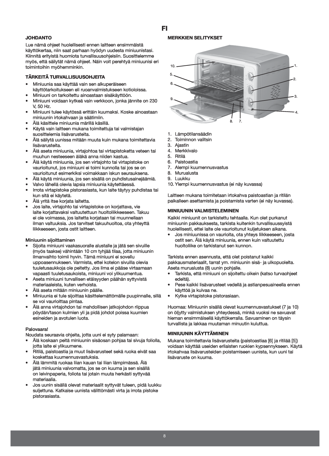 Melissa 651-007 manual Johdanto, Tärkeitä Turvallisuusohjeita, Merkkien Selitykset, Miniuunin Valmisteleminen 