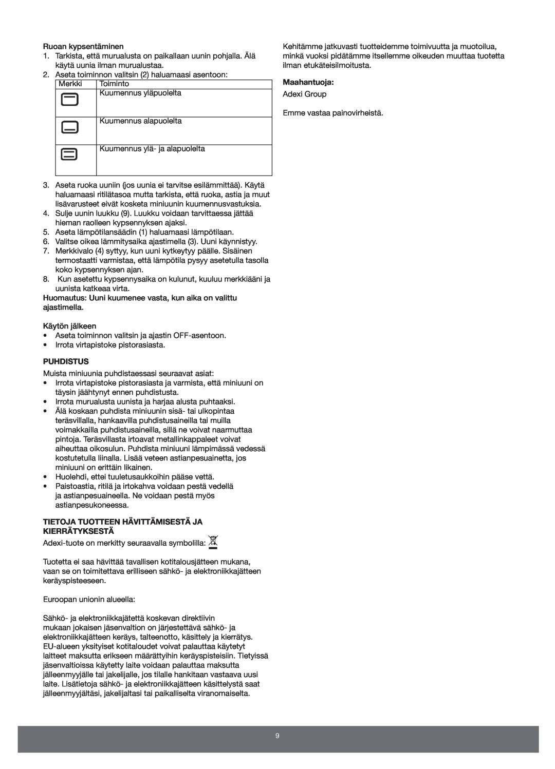 Melissa 651-007 manual Puhdistus, Tietoja Tuotteen Hävittämisestä Ja Kierrätyksestä, Maahantuoja 