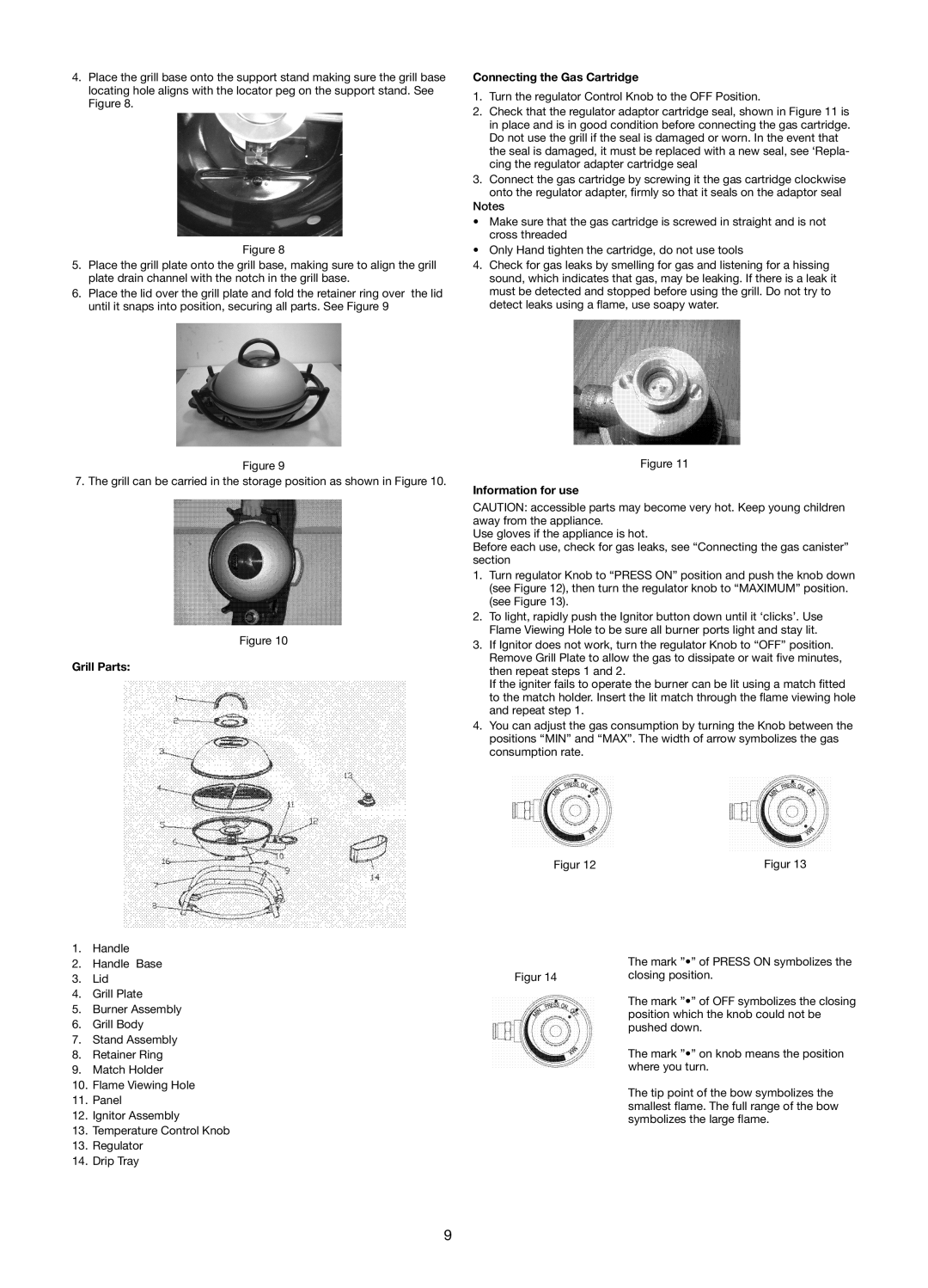 Melissa 651-009 manual Grill Parts, Connecting the Gas Cartridge, Information for use 