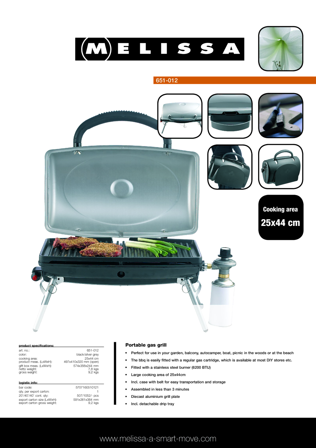 Melissa 651-012 specifications 25x44 cm, Portable gas grill, Product specifications, Logistic info 